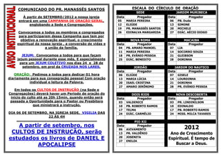 COMUNICADO DO PR. MANASSÉS SANTOS                                                        ESCALA DO CÍRCULO DE ORAÇÃO
                                                                                                SEDE                  JARDIM MURIBECA
        À partir de SETEMBRO/2012 a nossa igreja                                    Data        Pregador         Data       Pregador
      entrará em uma CAMPANHA DE ORAÇÃO GERAL,                                      05     MARIA PEREIRA          06    PB. Duda
            englobando a Sede e Congregações.                                       12     ELIÚDE                 13    SIMONE
                                                                                    19     PR. MANASSÉS SANTOS    20    MICHELE
     Convocamos a todos os membros e congregados                                    26     EDINALVA MARGARIDA     27    DIÁC. AÉCIO DIOGO
     para participarem dessa Campanha que tem por
      objetivo a renovação espiritual, o crescimento                                         NOVA ROMA                     MACAIBA
    espiritual da nossa igreja , a conversão de vidas e                             Data        Pregador         Data        Pregador
                    a união da família.                                              04    PB. AMARO MANOEL       07    LIA
                                                                                     11    MARIA PEREIRA          14    SOCORRO SOUZA
       JEJUM: Convocamos a todos para que façam                                      18    PR. EVÂNIO PESSOA      21    GLEIBSON
    jejum pessoal durante esse mês, E especialmente                                  25    DIÁC. BENEDITO         28    DORINHA
     para um JEJUM COLETIVO nos dias 24 e 28 de
       setembro, em prol da CRUZADA NOS LARES.                                                 JORDÃO                JARDIM DO NAUTICO
                                                                                    Data         Pregador        Data       Pregador
   ORAÇÃO: Pedimos a todos para dedicar 01 hora                                      06    ELIÚDE                 07    GISELE
diariamente para sua consagração pessoal Com oração                                  13    MARIA LÚCIA            14    LOURDINHA
           individual e leitura da Palavra.                                          20    ISAEL CRISTINA         21    DORINHA
                                                                                     27    AMARO JERÔNIMO         28    PR. EVÂNIO PESSOA
   Em todos os CULTOS DE INSTRUÇÃO (na Sede e
Congregações) deverá haver um Período de oração do                                            DOIS RIOS                 NOVA DESCOBERTA
 inicio do culto até as 20h 15min, quando então será                                Data        Pregador         Data         Pregador
 passada a Oportunidade para o Pastor ou Presbítero                                  03    VALDENICE              03    PR. LINDINILSON
               que ministrará a instrução.                                           10    PB. ROBERTO RAMOS      10    EDINALDO
                                                                                     17    TELMA                  17    PB. ROBERTO RAMOS
DIA 06 DE SETEMBRO, NA IGREJA SEDE, VIGILIA DAS                                      24    DIÁC. CARMÉLIO         24    MISS. MILCA TAVARES
                   22 ÀS 4H
    .............................................................................
                                                                                               PIO XII
   A partir de setembro, nos                                                        Data         Pregador
                                                                                                                           2012
                                                                                     06    AVIVAMENTO
 CULTOS DE INSTRUÇÃO, serão                                                          13    PR. VALDÊNIO           Ano de Crescimento
estudados os livros de DANIEL E                                                      20
                                                                                     27
                                                                                           JOSENITA
                                                                                           ENILZA
                                                                                                                 Espiritual. É tempo de
         APOCALIPSE                                                                                                 Buscar a Deus.
 