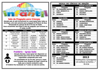 Sala de Pregação para Crianças
Atenção pais, já está funcionando em nossa Igreja Sede, todos os
domingos, uma sala exclusiva para pregação da Palavra de Deus
direcionada às crianças de 03 à 10 anos de idade.
Favor encaminhar seus filhos à sala de pregação, que funciona no
2º andar, às 20h.
Data Tema Turma Professor Apoio
01 Que Boas notícias
o Livro nos traz!
03 à 07 anos Tia Pil Tia Taís Cruz
08 à 11 anos Tia Karla
08 A Palavra
Semeada
03 à 07 anos Tia Sileide Tia Rayane M.
08 à 11 anos Tia Márcia S. Tio Aldir
15 A Palavra que
Convence
03 à 07 anos Tia Márcia F. Tia Silvana
08 à 11 anos Tia Taty K. Tio Willams
22 A Palavra que
Alimenta
03 à 07 anos Tia Gil Tia Taty Cruz
08 à 11 anos Tia Thaís Tio Junior Leite
29 A Palavra que
Guia
03 à 07 anos Tia Nem Tia Karla
08 à 11 anos Tia Fernanda Tia Rayane M.
Obs: Não poderá ficar na sala pais ou outras pessoas que não sejam da pregação ou apoio da lista acima.
Fraldário – Igreja Sede
Atenção Mamães, nossa igreja tem disponível um
sala exclusiva para troca de seu bebê totalmente
organizada e preparada para você.
Em necessidade de uso da sala, procure a nossa
irmã Fernanda Lima, dirigente do Deptº Infantil da
Sede, que a mesma conduzirá a sala.
O fraldário fica localizado no 1º andar ao lado da cozinha.
ESCALA DO CÍRCULO DE ORAÇÃO
SEDE JARDIM MURIBECA
Data Pregador Data Pregador
04 PR. MANASSÉS SANTOS 05 DORINHA
11 DIÁC. BENEDITO O. 12 MARIA JOSÉ ALVES
18 GISELE 19 SOLANGE
25 ADJANETE 26 MICHELLE
NOVA ROMA MACAIBA
Data Pregador Data Pregador
03 SIMONE 06 BETÂNIA RODRIGUES
10 ROBERTA 13 LOURDINHA
17 ADJANETE 20 DIÁC. JOSÉ DIAS
24 MARIA PEREIRA 27 EVÓDIA
JORDÃO JARDIM DO NAUTICO
Data Pregador Data Pregador
05 MARIA AUGUSTA 06 SOCORRO SOUZA
12 ELIUDE 13 DIÁC. JOSÉ DIAS
19 DIÁC. AÉCIO DIOGO 20 JOSENITA
26 DIÁC. ONÉSIO MANOEL 27 MARIA AUGUSTA
UR-05 NOVA DESCOBERTA
Data Pregador Data Pregador
02 Pb. AMARO MANOEL 02 AUX. GLEIBSON
09 DIÁC. BENEDITO 09 PR. EVÂNIO PESSOA
16 ISABEL CRISTINA 16 DIÁC. EDINALDO LUIZ
23 MARIA LÚCIA 23 SELMA RODRIGUES
30 DIÁC. CARMÉLIO M. 30 PR. LINDINILSON
PIO XII
Data Pregador
2013
“Conheçamos e prossigamos
em conhecer ao Senhor...”
Os 6.3a
05 PR. EVÂNIO
12 ANIVERSÁRIO
19 MICHELE
25 Pb. AMARO MANOEL
 