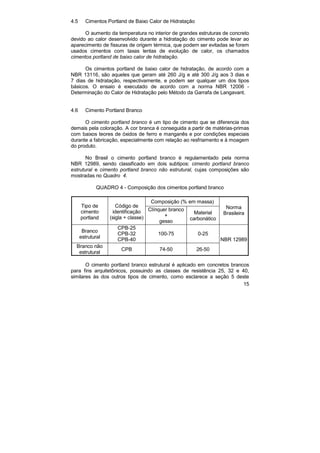 15
4.5 Cimentos Portland de Baixo Calor de Hidratação
O aumento da temperatura no interior de grandes estruturas de concreto
devido ao calor desenvolvido durante a hidratação do cimento pode levar ao
aparecimento de fissuras de origem térmica, que podem ser evitadas se forem
usados cimentos com taxas lentas de evolução de calor, os chamados
cimentos portland de baixo calor de hidratação.
Os cimentos portland de baixo calor de hidratação, de acordo com a
NBR 13116, são aqueles que geram até 260 J/g e até 300 J/g aos 3 dias e
7 dias de hidratação, respectivamente, e podem ser qualquer um dos tipos
básicos. O ensaio é executado de acordo com a norma NBR 12006 -
Determinação do Calor de Hidratação pelo Método da Garrafa de Langavant.
4.6 Cimento Portland Branco
O cimento portland branco é um tipo de cimento que se diferencia dos
demais pela coloração. A cor branca é conseguida a partir de matérias-primas
com baixos teores de óxidos de ferro e manganês e por condições especiais
durante a fabricação, especialmente com relação ao resfriamento e à moagem
do produto.
No Brasil o cimento portland branco é regulamentado pela norma
NBR 12989, sendo classificado em dois subtipos: cimento portland branco
estrutural e cimento portland branco não estrutural, cujas composições são
mostradas no Quadro 4.
QUADRO 4 - Composição dos cimentos portland branco
Composição (% em massa)
Tipo de
cimento
portland
Código de
identificação
(sigla + classe)
Clínquer branco
+
gesso
Material
carbonático
Norma
Brasileira
Branco
estrutural
CPB-25
CPB-32
CPB-40
100-75 0-25
NBR 12989
Branco não
estrutural
CPB 74-50 26-50
O cimento portland branco estrutural é aplicado em concretos brancos
para fins arquitetônicos, possuindo as classes de resistência 25, 32 e 40,
similares às dos outros tipos de cimento, como esclarece a seção 5 deste
 