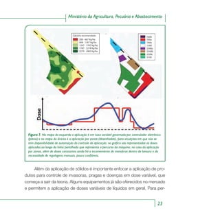 23
Ministério da Agricultura, Pecuária e Abastecimento
Figura 7. No mapa da esquerda a aplicação é em taxa variável governada por controlador eletrônico
(plena) e no mapa da direita é a aplicação por zonas (desenhadas), para situações em que não se
tem disponibilidade de automação do controle da aplicação; no gráfico são representadas as doses
aplicadas ao longo da linha pontilhada que representa o percurso da máquina; no caso da aplicação
por zonas, além de doses constantes ainda há o inconveniente de manobras dentro da lavoura e da
necessidade de regulagens manuais, pouco confiáveis.
200 - 667 Kg/ha
668 - 1267 Kg/ha
1267 - 1787 Kg/ha
1787 - 2274 Kg/ha
2274 - 3465 Kg/ha
Calcário recomendado nada
700a
700b
1500
2300a
2300b
2300c
3100
Além da aplicação de sólidos é importante enfocar a aplicação de pro-
dutos para controle de invasoras, pragas e doenças em dose variável, que
começa a sair da teoria. Alguns equipamentos já são oferecidos no mercado
e permitem a aplicação de doses variáveis de líquidos em geral. Para per-
 