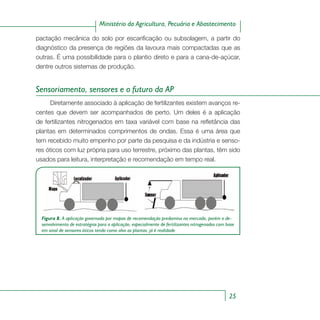 25
Ministério da Agricultura, Pecuária e Abastecimento
pactação mecânica do solo por escarificação ou subsolagem, a partir do
diagnóstico da presença de regiões da lavoura mais compactadas que as
outras. É uma possibilidade para o plantio direto e para a cana-de-açúcar,
dentre outros sistemas de produção.
Sensoriamento, sensores e o futuro da AP
Diretamente associado à aplicação de fertilizantes existem avanços re-
centes que devem ser acompanhados de perto. Um deles é a aplicação
de fertilizantes nitrogenados em taxa variável com base na refletância das
plantas em determinados comprimentos de ondas. Essa é uma área que
tem recebido muito empenho por parte da pesquisa e da indústria e senso-
res óticos com luz própria para uso terrestre, próximo das plantas, têm sido
usados para leitura, interpretação e recomendação em tempo real.
Figura 8. A aplicação governada por mapas de recomendação predomina no mercado, porém o de-
senvolvimento de estratégias para a aplicação, especialmente de fertilizantes nitrogenados com base
em sinal de sensores óticos tendo como alvo as plantas, já é realidade
 