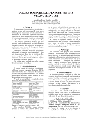 O ETHOS DO SECRETÁRIO EXECUTIVO: UMA
VISÃO QUE EVOLUI
Adna Sabará Lemes1
, Ana Lúcia Magalhães2
1
INPE, 2
Faculdade de Tecnologia de Guaratinguetá
adna.sabara@cptec.inpe.br, almchle@gmail.com
1. Introdução
À medida que a economia brasileira se moderniza, o
ambiente se torna mais concorrencial. É capital para a
empresa possuir profissionais de bom conhecimento e
desempenho. A versatilidade, capacidade de realizar
vários tipos de tarefas, é fator particularmente desejado.
O profissional de secretariado executivo é assim exigido,
e as últimas décadas têm mostrado mudanças no perfil.
Uma pesquisa aprofundada mostrou que essa
profissão cresce mais rapidamente que a do conjunto do
mercado de trabalho, fato atribuível à versatilidade de
profissionais mais capazes de desempenhar funções
administrativas complexas [1].
Há, no Brasil (e em outros países) uma parcela menos
informada da sociedade que ignora essa tendência e adota
uma imagem arcaica desse tipo de profissional. Isso
aparece em piadas, TV e até mesmo novelas que se
pretendem realistas. Tal imagem sem dúvida prejudica
os profissionais e mesmo as empresas.
Este trabalho mostra a evolução desse olhar, resultado
do próprio progresso da sociedade.
2. Revisão bibliográfica
É comum chamar de secretários recepcionistas,
telefonistas e mesmo empregadas domésticas [2]. São
ofícios importantes, mas o profissional de secretariado
executivo tem funções bastante diversas. Essa confusão
identitária e de atribuições promove um abalo no ethos
do profissional secretário executivo.
A Tabela I a seguir evidencia a evolução do ethos do
profissional de secretaria executiva.
ontem hoje
trabalha para pessoas trabalha para a empresa
interage com chefes interage com clientes,
fornecedores, parceiros
trabalha isolada trabalha em equipe
evita qualquer risco assume riscos moderados;
investe
tem a garantia do emprego como
prioridade
não tem medo de perder o
emprego
motivada por símbolos de poder motivada por metas
centralizadora trabalha em equipe,
desenvolve pessoas
desculpa-se por seus erros aprende com seus erros
faz as coisas bem feitas faz as coisas certas nos
momentos certos
economiza recursos otimiza os recursos
cumpre seu dever obtém resultados
trabalha em função de si e de sua
personalidade
trabalha para alcançar a
autorrealização.
Tabela I – O secretário executivo – Ontem e Hoje
Ethos é, conforme Aristóteles, a imagem construída
por meio de discurso e atos. Conforme Amossy [3], “o
ato de tomar a palavra implica na construção de uma
imagem de si, seu estilo, suas competências linguísticas e
enciclopédicas; suas crenças implícitas são suficientes
para criar uma representação de si”. Assim o profissional
secretário deixou de ser visto apenas como “executor de
rotinas” ou “apoio do executivo”: a partir dos anos 90, a
profissão passou a significar “gestor de processos”[3].
O sucesso do secretário executivo de hoje e
consequentemente sua boa imagem exige competências
como gestão de pessoas e custos, planejamento,
identificação de oportunidades e visão de negócios,
habilidades antes não imaginadas.
3. Metodologia
Foi conduzida uma pesquisa com secretários
executivos e profissionais de outras áreas que convivem
com o secretário. As perguntas foram elaboradas com a
finalidade de refletir, de modo indireto, a imagem (ethos)
desses profissionais, sob o ponto de vista deles e de
outros trabalhadores. A investigação foi qualitativa,
sendo a locação metodológica uma instituição de
pesquisa localizada no interior do Estado de S. Paulo,
que reflete uma visão evoluída em um ambiente geral
conservador. Nossa hipótese acreditava em uma visão
progressista.
4. Resultados Obtidos
O resultado comprova a hipótese: o ethos dos
secretários executivos, no contexto de uma instituição de
pesquisa científica com interação em vários segmentos
da sociedade, mostrou que esse profissional é valorizado
e que sua imagem se associa à de gestão em diversos
segmentos (pessoas, custos, planejamento) e à
importância no quadro das organizações.
5. Conclusão
Ainda que a visão atrasada ainda persista no
imaginário popular, o que acontece nos segmentos mais
evoluídos aponta para a tendência de predomínio da
visão correta do papel de secretário executivo.
5. Referências Bibliográficas
[1] BSB Bureau of Labor Statistics, 2009.
[2] Abreu, F.M. e Emmendoerfer, M.L - O Secretariado
Executivo Trilíngue e as Empresas Juniores na Univ.
Fed. de Viçosa: 2007. 76p. Monografia - UFV – MG.
[3] Amossy, R. Imagens de si no discurso. A
construção do ethos. São Paulo, SP: Contexto, 2005.
Boletim Técnico - Resumos do 14° Simpósio de Iniciação Científica e Tecnológica2
 