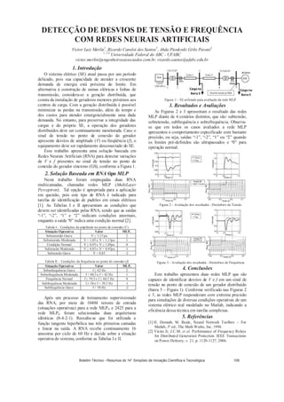 DETECÇÃO DE DESVIOS DE TENSÃO E FREQUÊNCIA
COM REDES NEURAIS ARTIFICIAIS
Victor Luiz Merlin1
, Ricardo Caneloi dos Santos2
, Ahda Pionkoski Grilo Pavani3
1, 2,3
Universidade Federal do ABC - UFABC
victor.merlin@engenheirosassociados.com.br, ricardo.santos@ufabc.edu.br
1. Introdução
O sistema elétrico (SE) atual passa por um período
delicado, pois sua capacidade de atender a crescente
demanda de energia está próxima do limite. Em
alternativa à construção de usinas elétricas e linhas de
transmissão, considera-se a geração distribuída, que
consta da instalação de geradores menores próximos aos
centros de carga. Com a geração distribuída é possível
minimizar as perdas na transmissão, além do tempo e
dos custos para atender emergencialmente uma dada
demanda. No entanto, para preservar a integridade das
cargas e do próprio SE, a operação dos geradores
distribuídos deve ser continuamente monitorada. Caso o
sinal de tensão no ponto de conexão do gerador
apresente desvios de amplitude (V) ou freqüência (f), o
equipamento deve ser rapidamente desconectado do SE.
Esse trabalho apresenta uma solução baseada em
Redes Neurais Artificiais (RNA) para detectar variações
de V e f presentes no sinal de tensão no ponto de
conexão do gerador síncrono (GS), conforme a Figura 1.
2. Solução Baseada em RNA tipo MLP
Neste trabalho foram empregadas duas RNA
multicamadas, chamadas redes MLP (MultiLayer
Perceptron). Tal opção é apropriada para a aplicação
em questão, pois este tipo de RNA é indicado para
tarefas de identificação de padrões em sinais elétricos
[1]. As Tabelas I e II apresentam as condições que
devem ser identificadas pelas RNA, sendo que as saídas
“-1”, “-2”, “1” e “2” indicam condições anormais,
enquanto a saída “0” indica uma condição normal [2].
Tabela I – Condições da amplitude no ponto de conexão (V)
Situação Operativa Valor MLPv
Sobretensão Grave V 1,15 pu 2
Sobretensão Moderada V  1,05 e V  1,15pu 1
Condição Normal V 0,95 e V 1,05pu 0
Subtensão Moderada V 0,85 e V  0,95pu -1
Subtensão Grave V  0,85 -2
Tabela II – Condições da frequência no ponto de conexão (f)
Situação Operativa Valor MLPf
Sobrefrequência Grave f 62 Hz 2
Sobrefrequência Moderada f  60,5 e f  62 Hz 1
Frequência Normal f 59,5 e f 60,5 Hz 0
Subfrequência Moderada f 58 e f  59,5 Hz -1
Subfrequência Grave f  58 Hz -2
Após um processo de treinamento supervisionado
das RNA, por meio de 10404 vetores de entrada
(situações operativas) para a rede MLPV e 2425 para a
rede MLPf, foram selecionadas duas arquiteturas
idênticas (8-4-2-1). Ressalta-se que foi utilizada a
função tangente hiperbólica nas três primeiras camadas
e linear na saída. A RNA recebe continuamente 16
amostras por ciclo de 60 Hz e decide sobre a situação
operativa do sistema, conforme as Tabelas I e II.
Figura 1 – SE utilizado para avaliação da rede MLP
3. Resultados e Avaliações
As Figuras 2 e 3 apresentam o resultado das redes
MLP diante de 4 cenários distintos, que são: subtensão,
sobretensão, subfrequência e sobrefrequência. Observa-
se que em todos os casos avaliados a rede MLP
apresentou o comportamento especificado com bastante
precisão, ou seja, saídas “-1”, “-2”, “1” ou “2” quando
os limites pré-definidos são ultrapassados e “0” para
operação normal.
Figura 2 – Avaliação dos resultados - Distúrbios de Tensão
Figura 3 – Avaliação dos resultados - Distúrbios de Frequência
4. Conclusões
Este trabalho apresentou duas redes MLP que são
capazes de identificar desvios de V e f em um sinal de
tensão no ponto de conexão de um gerador distribuído
(barra 5 – Figura 1). Conforme verificado nas Figuras 2
e 3, as redes MLP responderam com extrema precisão
para simulações de diversas condições operativas de um
sistema elétrico real modelado no Matlab, indicando a
eficiência dessa técnica em tarefas complexas.
5. Referências
[1] H. Demuth; M. Beale, Neural Network Toolbox – For
Matlab, 3ª ed., The Math Works, Inc, 1994.
[2] Vieira Jr, J.C.M. et al. Performance of Frequency Relays
for Distributed Generation Protection. IEEE Transactions
on Power Delivery, v. 21, p. 1120-1127, 2006.
Boletim Técnico - Resumos do 14° Simpósio de Iniciação Científica e Tecnológica 109
 