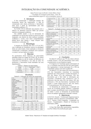 INTEGRAÇÃO DA COMUNIDADE ACADÊMICA
Sonia Pereira Lopes da Rocha1
, Carlos Hideo Arima2
1, 2
Faculdade de tecnologia de São Paulo – Fatec SP
sonia.rocha@fatec.sp.gov.br, carlos.arima@fatec.sp.gov.br
1. Introdução
A boa comunicação e colaboração humana são
ferramentas dentro das organizações. A falta de
comunicação entre alunos, professores e funcionários
pode levar a perda de oportunidades para toda
comunidade acadêmica. [1]
Na FATEC SP foi elaborada uma pesquisa com o
objetivo de identificar possíveis falhas que possam
interferir na integração acadêmica.
Este trabalho propõe o uso de ferramentas de
computação em nuvem para auxiliar na busca de maior
integração, com objetivo de obter melhores resultados
acadêmicos e sociais. Com maior compartilhamento
poderá haver mais debates e surgir soluções mais
sustentáveis e otimizadas. [2]
2. Metodologia
A pesquisa foi realizada entre 28/2 a 5/3 de 2012,
com a aplicação de formulários através de abordagem
direta aos entrevistados, foram analisadas as formas de
comunicação e cooperação e satisfação com os projetos
e eventos e serviços dentro do campus.
3. Materiais
Os questionários foram impressos. Os entrevistados
abordados dentro do campus da FATEC SP. Os alunos
foram abordados na sala de estudos da Biblioteca, no
Laboratório de Informática e nas salas de aulas. Os
professores e funcionários foram abordados nos seus
departamentos.
Tabela I – Número de entrevistados.
Grupo N Total Geral (%)
Aluno 151 6.446 2
Professor 43 346 12
Funcionário 27 130 21
Resultados
Tabela II – Utilização dos meios de comunicação
Aluno Rede Social E-mail Telefone Carta
Sempre 54% 71% 58% 0%
Com F. Regular 25% 20% 33% 1%
Uma vez por Semana 7% 4% 3% 1%
Raramente 13% 5% 5% 54%
Nunca 1% 0% 1% 44%
Professor
Sempre 28% 86% 68% 0%
Com F. Regular 32% 12% 21% 5%
Uma vez por Semana 7% 2% 2% 7%
Raramente 19% 0% 9% 77%
Nunca 14% 0% 0% 11%
Funcionário
Sempre 22% 78% 59% 4%
Com F. Regular 22% 15% 37% 15%
Uma vez por Semana 12% 7% 0% 0%
Raramente 22% 0% 4% 52%
Nunca 22% 0% 0% 29%
Tabela III – Integração na FATEC SP.
Atividade Participa Bom
Infor-
mado
Interessa Desconhece
Fatec Jr 0% 5% 13% 24% 58%
C. A. 2% 12% 16% 34% 36%
Atuação Ex-Aluno 2% 26% 27% 27% 18%
Busca de inovação 3% 24% 21% 30% 22%
Congresso de Tec. 7% 58% 18% 14% 3%
Eventos 2% 31% 22% 28% 17%
Publicações 2% 30% 24% 25% 19%
Projetos de alunos 2% 15% 27% 33% 23%
Projetos sociais 0% 12% 16% 30% 42%
Regulamentos 7% 51% 17% 14% 11%
Tabela IV – Avaliação serviços e acesso a informação.
Aluno
Conc.
Total.
Concor-
do
Não
sei
Dis-
cordo
Disc.
Total.
Solicitar e receber os Doc. 5% 46% 30% 13% 6%
Obter as informações 6% 62% 12% 15% 5%
Contato prof. fora de aula 11% 57% 22% 10% 0%
Receber o E-mail
institucional
13% 31% 42% 9% 5%
Professor
Solicitar e receber os Doc. 7% 61% 16% 14% 2%
Obter as informações 75% 60% 12% 19% 2%
Contato prof. fora de aula 16% 68% 7% 9% 0%
Receber o e-mail
institucional
18% 63% 9% 5% 5%
Funcionário
Solicitar e receber os Doc. 15% 48% 15% 22% 0%
Obter as informações 4% 52% 7% 33% 4%
Contato prof. fora de aula 11% 41% 30% 18% 0%
Receber o e-mail
institucional
18% 41% 26% 15% 0%
4. Conclusões
Na tabela II verifica-se que 79% dos alunos utilizam
as Redes Sociais e 19% dos funcionários usam cartas,
constantemente ou com frequência regular.
O Congresso de Tecnologia possui participação de
7%, e é avaliação como bom por 58% dos entrevistados.
Dos regulamentos e normas participam 6% e 50% da
comunidade avaliam como bom na tabela III.
Na tabela IV 51% dos alunos 68% dos professores e
63% dos funcionários concordam ou concordam
totalmente que é fácil solicitar e receber documentos. E
68% dos alunos, 67% dos professores, 56% dos
funcionários que é fácil obter as informações que
necessitam. Consideram fácil comunicar-se com os
professores fora das aulas 68% dos alunos, 84% dos
professores e 52% dos funcionários. Consideram fácil
receber o e-mail @fatec.sp.gov.br, 44% dos alunos,
81% dos professores, 59% dos funcionários.
As ferramentas de comunicação e cooperação em
nuvem do Live@Edu poderão melhorar a integração
entre os grupos, possibilitando maior compartilhamento
dos dados e acesso as ferramentas de produtividade
através de qualquer equipamento conectado a internet.
5. Referências
[1] M. M. K. Kunsch, - Comunicação Organizacional na
era digital: contextos, percursos e possibilidades, 2008.
[2] C. Taurion, Cloud Computing - Computação em
Nuvem - Transformando o Mundo da Tecnologia da
Informação, (2009)
6. Agradecimentos
À Fatec São Paulo pelos questionários respondidos,
e ao Prof. Milton Silva da Rocha pela ajuda.
Boletim Técnico - Resumos do 14° Simpósio de Iniciação Científica e Tecnológica 117
 