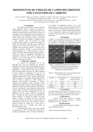 DISPOSITIVOS DE EMISSÃO DE CAMPO RECOBERTOS
POR NANOTUBOS DE CARBONO
Alan R. Cerqueira1
, Marcos C. de Moraes2
, Michel O. S. Dantas3
, Henrique E. M. Peres4
, Elizabete Galeazzo5
1,2
Faculdade de Tecnologia de São Paulo – Fatec – SP - CEETEPS
3, 4,5
Laboratório de Microeletrônica (LME) – Escola Politécnica – Universidade de São Paulo - EPUSP
ribeiroalan9@gmail.com, bete@lme.usp.br
1. Introdução
Os dispositivos emissores de elétrons possuem
várias aplicações, dentre as quais vale destacar: o
sensoriamento de pressão e a detecção de gases. Uma
emissão de elétrons pode ocorrer de duas formas: em
um ambiente com temperatura elevada nos dispositivos
termoiônicos ou por tunelamento devido à presença de
campo elétrico entre eletrodos, como no caso dos
dispositivos tratados neste trabalho. O segundo método
é mais vantajoso, pois não necessita de altas
temperaturas para operar e o consumo de potência é
menor. Os dispositivos fabricados neste trabalho são
compostos por matrizes de micropontas de silício
ocupando uma área de (2,8x2,8)mm2
e se espera que a
emissão de elétrons obedeça a teoria descrita por
Fowler-Nordheim [1]. A nossa proposta é tornar a
emissão de campo destes dispositivos mais eficiente e
estável por meio da deposição eletroforética de
Nanotubos de Carbono (NTC) sobre a superfície das
matrizes, já que estes possuem boa condutividade
elétrica e ótima razão de aspecto.
2. Materiais e Métodos
As matrizes de micropontas de Si são
fabricadas por meio da associação de processos
tecnológicos convencionais da microeletrônica, como a
anodização do silício denominado HI-PS (Hidrogen
Implantation – Porous Silicon). Esta técnica é feita a
partir da fotogravação do óxido de Si, onde se definem
as áreas expostas à implantação de íons H+
. Na
sequência, a parte de trás da amostra é metalizada com
alumínio (região onde é feito o contato elétrico). Em
seguida, realiza-se o recozimento térmico rápido (RTA),
onde a amostra é aquecida a 450ºC durante 10
segundos, cujo objetivo é armadilhar os defeitos
causados pela implantação iônica, mantendo a parte
implantada altamente isolante. O SiO2 remanescente na
amostra é removido com ácido fluorídrico (HF). Depois,
inicia-se a anodização, a qual consiste em aplicar uma
corrente elétrica na amostra formando silício poroso nas
regiões onde não foram implantados os íons de
hidrogênio. Por fim, temos a matriz de micropontas
após a remoção do silício poroso com hidróxido de
potássio (KOH) e a limpeza da amostra com água,
etanol e pentano. A solução de NTCs usada na
eletroforese veio pronta dos EUA. Nesse processo de
deposição dos NTCs usam-se dois eletrodos, sendo a
amostra colocada no catodo que é onde ocorre a
deposição. Feito isso, é aplicada uma tensão de
aproximadamente 4 volts.
A caracterização elétrica é feita antes e depois
da deposição dos NTC em alto-vácuo utilizando os
seguintes equipamentos: fonte de tensão, eletrômetro e
um software na plataforma Labview. Com esses
equipamentos a amostra é colocada na câmara de vácuo
com o eletrodo a micrometros de distância, então se
ajusta a taxa com que a tensão aumenta gradativamente
e só se interrompe o processo ao registrar 20 A de
corrente, já que acima disso as micropontas podem ser
danificadas.
3. Resultados
A Figura 1 é um exemplo de como fica a matriz de Si
antes e depois da deposição eletroforética. Na Tabela I
se encontram os resultados da caracterização elétrica
para duas amostras utilizadas nesse trabalho: A e B.
Figura 1 – Fotografias da matriz de micropontas de Si,
lado esquerdo e do lado direito uma microponta
recoberta por NTCs., fotos tiradas Microscópio
Eletrônico de Varredura (MEV).
Tabela I - Dados obtidos antes e depois da deposição de
NTC para amostras A e B.
Amostra Campo Elétrico
(V/ m)
Erro do Campo
Elétrico (V/ m)
A 24,72 0,24
B 24,31 0,04
A (NTC) 4,6 0,1
B (NTC) 4,10 0,7
4. Conclusões
O campo elétrico das amostras A e B diminuiu cerca de
80% após a eletroforese, um ótimo resultado, uma vez
que a energia para uma mesma emissão e bem menor.
5. Referências
[1]G.N. Fursey, Field emission in vacuum
microelectronics. Ed. Kluwer Academic / Plenum
Publisher, New York, USA (2005);
Agradecimentos
Ao CNPq pela bolsa de Iniciação Científica e
ao LSI EPUSP pelo MEV.
1
Aluno de Iniciação Científica do CNPq.
Boletim Técnico - Resumos do 14° Simpósio de Iniciação Científica e Tecnológica 43
 