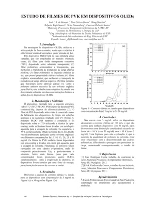 ESTUDO DE FILMES DE PVK EM DISPOSITIVOS OLEDs
José I. B. de Moraes,1
, Elvo Calixto Burini2
, Wang Shu Hui3
,
Roberto Koji Onmori4
, Victor Sonnenberg1
, Emerson Roberto Santos3
1
Materiais, Processos e Componentes Eletrônicos da FATEC-SP
2
Instituto de Eletrotécnica e Energia da USP
3
Eng. Metalúrgica e de Materiais da Escola Politécnica da USP
4
Laboratório de Microeletrônica da Eng. Elétrica da USP
E-mails: ivanrc_vl@hotmail.com, emerson@lme.usp.br
1. Introdução
Na montagem de dispositivos OLEDs, utiliza-se a
sobreposição de finas camadas, sendo que o objetivo é
obter menor tensão de operação e maior emissão de luz.
Um dispositivo OLED terá na sua estrutura cinco
camadas, que são empilhadas de maneira ordenada,
como: (1) filme com óxido transparente condutivo
(TCO) depositado sobre substrato transparente; (2)
filme polimérico semicondutor e transparente, que
melhorará o transporte de portadores de carga elétrica
positiva; (3) filme polimérico ou orgânico emissor de
luz, que possui propriedade elétrica isolante; (4) filme
orgânico semicondutor, que melhorará o transporte de
portadores de carga elétrica negativa; (5) filme metálico
que funcionará como eletrodo catodo [1]. Como o
polímero emissor necessita de um solvente orgânico
para diluí-lo, este trabalho tem o objetivo de estudar um
determinado solvente em duas concentrações distintas e
aplicá-los em dispositivos OLEDs.
2. Metodologia e Materiais
O dispositivo montado teve a seguinte estrutura:
vidro/ITO (TCO)/PEDOT:PSS (injetor de lacunas)/PVK
(emissor)/Alq3 (injetor de elétrons)/Alumínio [2]. O
filme de ITO depositado sobre vidro é comercial e antes
da fabricação dos dispositivos foi limpo em soluções
químicas e na sequência irradiado com UV-Ozônio. O
polímero PEDOT:PSS também é comercial e foi
depositado sobre o ITO utilizando a técnica de spin-
coating, então as lâminas foram levadas em estufa pré-
aquecida para a secagem do solvente. Na sequência, o
PVK comercialmente obtido na forma de pó, foi diluído
em triclorobenzeno (utilizado como solvente orgânico)
em diferentes concentrações de: 5, 10, 15, 20, 25 e 30
mg/ml. Os filmes de PVK também foram depositados
por spin-coating e levados em estufa pré-aquecida para
a secagem do solvente. Finalizado, as amostras foram
carregadas em uma câmara evaporadora, onde foi
evaporado primeiramente Alq3 e posteriormente o
alumínio. Sobre cada lâmina (uma para cada
concentração) foram produzidos quatro OLEDs
simultaneamente. Após a evaporação do alumínio, os
dispositivos foram testados por uma fonte de energia,
para obtenção das curvas de corrente e tensão.
3. Resultados
Obtivemos a análise de corrente elétrica vs. tensão
para os dispositivos com concentração de 5 mg/ml na
Figura 1(a) e 30 mg/ml na Figura 1(b).
Figura 1 – Corrente elétrica vs. tensão para dispositivos
com concentração de (a) 5 mg/ml e (b) 30 mg/ml.
4. Conclusões
Nas curvas com 5 mg/ml, todos os dispositivos
alcançaram a corrente elétrica de 100 mA, o que não
ocorreu para nenhum dispositivo com 30 mg/ml, além
disso ocorreu uma diminuição considerável na tensão de
limiar de 16 V (com 30 mg/ml) para 10 V (com 5
mg/ml). Uma hipótese para esta explicação, é que o
aumento da quantidade de polímero no solvente, pode
estar relacionado com a descontinuidade das cadeias
poliméricas, dificultando a passagem dos portadores de
carga, aumentando consequentemente, a tensão de
limiar.
5. Referências
[1] Ivan Rodrigues Costa, trabalho de conclusão de
curso, Materiais Processos e Componentes Eletrônicos,
Fatec-SP, 54 páginas, 2012.
[2] Erick Vendruscolo Guerra, trabalho de conclusão de
curso, Materiais Processos e Componentes Eletrônicos,
Fatec-SP, 66 páginas, 2011.
Agradecimentos
À Escola Politécnica da Universidade de São Paulo pela
colaboração no empréstimo dos equipamentos e
medições.
Boletim Técnico - Resumos do 14° Simpósio de Iniciação Científica e Tecnológica48
 