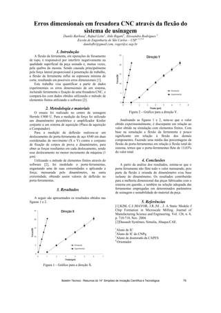 Erros dimensionais em fresadora CNC através da flexão do
sistema de usinagem
Danilo Barbosa1
, Rafael Leite2
, Aldo Rigatti3
, Alessandro Rodrigues 4
Escola de Engenharia de São Carlos – USP 1,2,3,4
danilofbr@gmail.com, roger@sc.usp.br
1. Introdução
A flexão da ferramenta, em operações de fresamento
de topo, é responsável por interferir negativamente na
qualidade superficial da peça usinada e, muitas vezes,
pela quebra da mesma. Sendo causada principalmente
pela força lateral proporcional à penetração de trabalho,
a flexão da ferramenta influi na espessura mínima de
corte, resultando em possíveis erros dimensionais [1].
Este trabalho visa quantificar a partir de dados
experimentais os erros dimensionais de um sistema,
incluindo ferramenta e fixação de uma fresadora CNC, e
compará-los com dados obtidos utilizando o método de
elementos finitos utilizando o software [2].
2. Metodologia e materiais
O ensaio foi realizado no centro de usinagem
Hermle C800 U. Para a medição da força foi utilizado
um dinamômetro piezelétrico e amplificador Kistler
conjunto a um sistema de aquisição (Placa de aquisição
e Computador).
Para a medição da deflexão realizou-se um
deslocamento do porta-ferramenta de aço 4340 em duas
coordenadas de movimento (X e Y) contra o conjunto
de fixação de corpos de prova e dinamômetro, para
obter as forças resultantes em cada deslocamento, sendo
esse deslocamento no menor incremento da máquina (1
m).
Utilizando o método de elementos finitos através do
software [2], foi modelado o porta-ferramentas,
engastando uma de suas extremidades e aplicando a
força, mensurada pelo dinamômetro, na outra
extremidade, obtendo assim valores de deflexão no
porta-ferramentas.
3. Resultados
A seguir são apresentados os resultados obtidos nas
figuras 1 e 2.
Figura 1 – Gráfico para a direção X.
Figura 2 – Gráfico para a direção Y.
Analisando as figuras 1 e 2, nota-se que o valor
obtido experimentalmente, é discrepante em relação ao
valor obtido na simulação com elementos finitos. Com
base na simulação a flexão da ferramenta é pouco
significante em relação à flexão dos demais
componentes. Fazendo uma média das porcentagens da
flexão do porta-ferramentas em relação à flexão total do
sistema, temos que o porta-ferramentas flete de 13,03%
do valor total.
4. Conclusões
A partir da análise dos resultados, estima-se que o
porta ferramenta não flete todo o valor mensurado, pois
parte da flexão é oriunda do dinamômetro e/ou base
isolante do dinamômetro. Os resultados contribuirão
para a melhoria dimensional das peças fabricadas com o
sistema em questão, e também na seleção adequada das
ferramentas empregadas em determinados parâmetros
de usinagem e usinabilidade do material da peça.
5. Referências
[1] KIM, C.J.;MAYOR, J.R.;NI , J. A Static Modelo f
Chip Formation in Microscale Milling. Journal of
Manufacturing Science and Engineering. Vol. 126, n. 4,
p. 710-718, Nov. 2004.
[2]Dassault Systèmes, Simulia, Abaqus/CAE.
1
Aluno de IC
2
Aluno de IC do CNPq
3
Aluno de doutorado da CAPES
4
Orientador
0
5
10
15
20
25
0 1 2 3 4 5 6 7
Forças(N)
Flexão( m)
Direção X
Simulação
Experimental
0
5
10
15
20
25
0 1 2 3 4 5 6 7 8
Forças(N)
Flexão ( m)
Direção Y
Simulação
Experimental
Boletim Técnico - Resumos do 14° Simpósio de Iniciação Científica e Tecnológica 75
 