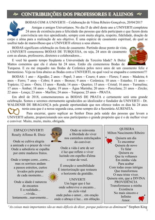 5
 

 
BODAS COM A UNIVERTI – Colaboração de Vilma Ribeiro Gonçalves, 20/04/2017
Amigas e amigos Univertianos. No dia l5 de abril deste ano a UNIVERTI completou
24 anos de existência para a felicidade das pessoas que dela participam e que fazem desta
convivência um rico aprendizado, sempre com muita alegria, respeito, fidelidade, doação de
corpo e alma para a realização de seu objetivo. É uma espécie de casamento espiritual, do qual se
usufrui tudo de maravilhoso que a UNIVERTI oferece a seus alunos.
BODAS significam celebração ou festa de casamento. Partindo desse ponto de vista,
a UNIVERTI comemorou BODAS DE TURQUESA, ou seja, 24 anos de casamento
com as alunas, professores, diretores e colaboradores...
E você há quanto tempo freqüenta a Universidade da Terceira Idade? A Dulce
Mattos comentou que ela é aluna há 24 anos. Então ela comemorou Bodas de
Turquesa. E eu me enquadro nas Bodas de Cerâmica pelos nove anos de um casamento feliz e
harmonioso. Veja na lista abaixo as Bodas com a UNIVERTI, na qual você se enquadra e comemore!!!
BODAS: 1 ano – Algodão; 2 anos – Papel; 3 anos – Couro; 4 anos – Flores; 5 anos – Madeira; 6
anos – Ferro; 7 anos – Cobre; 8 anos – Bronze; 9 anos – Cerâmica; 10 anos – Estanho; 11 anos –
Topázio; 12 anos – Ônix; 13 anos – Renda; 14 anos – Quartzo; 15 anos – Cristal; 16 anos – Turmalina;
17 anos – Âmbar; 18 anos – Ágata; 19 anos – Água Marinha; 20 anos – Porcelana; 21 anos – Zircão;
22 anos – Louça; 23 anos – Marfim; 24 anos – Turquesa; 25 anos – PRATA.
Em abril de 2018, comemoraremos as BODAS DE PRATA e certamente será uma grande
celebração. Somos e seremos eternamente agradecidos ao idealizador e fundador da UNIVERTI – Dr.
WALDENIR DE BRAGANÇA pela grande oportunidade que nos oferece todos os dias há 24 anos
nesta casa que é a nossa segunda casa, como sempre diz a Secretária AURENITA.
Para encerrar, quero suplicar ao Senhor Deus pela saúde das pessoas que levam a
UNIVERTI adiante, proporcionando aos seus participantes o grande propósito que é o de melhor viver
e conviver. Muito, muito, muito, obrigada.
ESPAÇO UNIVERTI
Rosely Affonso R. Diniz
Onde se cultiva alegria
a amizade e o prazer de viver
Onde a sabedoria se espalha
por entre maduros frutos.
Onde o tempo corre...corre...
mas os sorrisos andam
a passos estreitos, curtos
levados pelo prazer
de cada momento...
Onde a idade é natureza
de encantos
E a realidade...
...vivida...
lentamente...suavemente...
Onde se reinventa
a liberdade do viver
nos caminhos entrelaçados
do conviver.
Onde a vida é arte de ser
é luz que reflete o viver
luzindo em espelho d'alma
o raiar de você.
É emoção e sensibilidade
É interiorização que restaura
o horizonte da gratidão.
UNIVERTI
Um lugar que é luz
onde sobrevive o encanto...
do ciclo vital
onde pulsa o amor... em oração
onde o abraço é luz... em oblação.
QUISERA
Milton Nascimento Ribeiro
Quisera um dia
Te encontrar
Quisera de novo
Te falar
Quisera eu
Que tu voltasses
Em minha vida
Para acabar
Com todas essas intrigas
Que transformou
O meu triste viver.
Quisera sim, que a DIVINA
PROVIDÊNCIA
Transformasse a minha
Existência
No mais sincero e
Infinito
Amor.
“As coisas mais importantes são as mais difíceis de dizer, porque palavras as diminuem” Stephen King
 