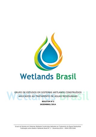 Grupo de Estudos em Sistemas Wetlands Construídos Aplicados ao Tratamento de Águas Residuárias
Publicação online Boletim Wetlands Brasil N° 2 – Dezembro/2014 – ISSN 2359-0548
GRUPO DE ESTUDOS EM SISTEMAS WETLANDS CONSTRUÍDOS
APLICADOS AO TRATAMENTO DE ÁGUAS RESIDUÁRIAS
BOLETIM N°2
DEZEMBRO/2014
 