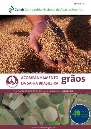 V. 5 - SAFRA 2017/18- N. 10 - Décimo levantamento | JULHO 2018
Monitoramento agrícola
grãosACOMPANHAMENTO
DA SAFRA BRASILEIRA
ISSN: 2318-6852
OBSERVATÓRIOAGRÍCOLA
 