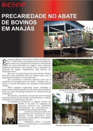 BEZOO
PRECARIEDADE NO ABATE
DE BOVINOS
EM ANAJÁS




       comum o Médico Veterinário do Setor de Zoonoses

É     do 11º CRS visitar os matadouros do município em
      que visita com o objetivo de conhecer a situação da
origem da carne fornecida na região e seus aspectos
higiênicos-sanitários, isto quando nota a ausência ou
carência de órgãos responsáveis pelo Serviço de
Inspeção in loco.
       Em uma situação dessas foi que Neuder Wesley
detectou uma alarmante falta de respeito para com a
população de Anajás e o meio ambiente.
       Ele presenciou o extremo descaso com que é
conferido os procedimentos de abate e higiene com a
carne e vísceras oferecidas nos açougues e mercado de
Anajás.
       Pelas imagens registradas foram reveladas o
quanto dos resíduos proveniente do abate são lançados à         Despejo de ossadas e resíduos
beira rio, além da pocilga existente na mesma área do                às margens do rio
abatedouro.
       Na ocasião, um bovino com presença de descarga
nasal purulenta foi detectado e possivelmente o animal
foi abatido e enviado para consumo.
       O matadouro localiza-se a alguns metros da
                    cidade e da área de captação de
                    recursos hídricos da COSANPA
                    (Companhia de Saneamento e
                    Abastecimento de Água do Pará).
                           Inúmeras doenças podem ser
                    transmitidas por consumo de carne
                    abatida nestas situações como
                    Brucelose, tuberculose e toxinfeções
                    gastrointestinais.
                           Relatórios sobre o ocorrido
                    foram encaminhados às autoridades
                    competentes.                            Pocilga adjacente ao matadouro e ao rio

                                                                                                      15
 