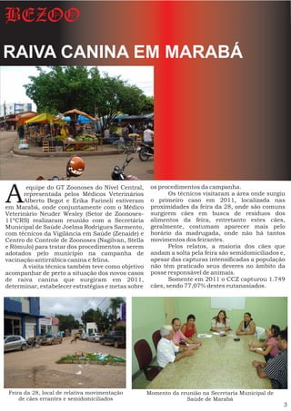BEZOO
RAIVA CANINA EM MARABÁ




A      equipe do GT Zoonoses do Nível Central,       os procedimentos da campanha.
      representada pelos Médicos Veterinários               Os técnicos visitaram a área onde surgiu
      Alberto Begot e Erika Farineli estiveram       o primeiro caso em 2011, localizada nas
em Marabá, onde conjuntamente com o Médico           proximidades da feira da 28, onde são comuns
Veterinário Neuder Wesley (Setor de Zoonoses-        surgirem cães em busca de resíduos dos
11ºCRS) realizaram reunião com a Secretária          alimentos da feira, entretanto estes cães,
Municipal de Saúde Joelma Rodrigues Sarmento,        geralmente, costumam aparecer mais pelo
com técnicos da Vigilância em Saúde (Zenaide) e      horário da madrugada, onde não há tantos
Centro de Controle de Zoonoses (Nagilvan, Stella     movimentos dos feirantes.
e Rômulo) para tratar dos procedimentos a serem             Pelos relatos, a maioria dos cães que
adotados pelo município na campanha de               andam a solta pela feira são semidomiciliados e,
vacinação antirrábica canina e felina.               apesar das capturas intensificadas a população
      A visita técnica também teve como objetivo     não têm praticado seus deveres no âmbito da
acompanhar de perto a situação dos novos casos       posse responsável de animais.
de raiva canina que surgiram em 2011,                       Somente em 2011 o CCZ capturou 1.749
determinar, estabelecer estratégias e metas sobre    cães, sendo 77,07% destes eutanasiados.




 Feira da 28, local de relativa movimentação        Momento da reunião na Secretaria Municipal de
     de cães errantes e semidomiciliados                         Saúde de Marabá
                                                                                                    3
 