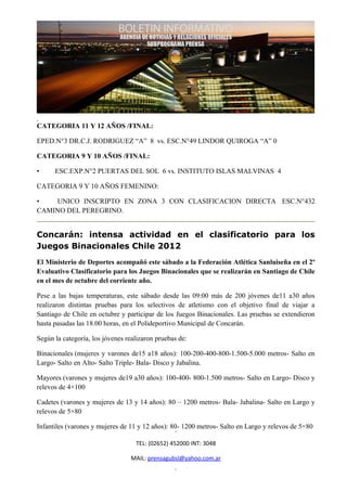 CATEGORIA 11 Y 12 AÑOS /FINAL:

EPED.N°3 DR.C.J. RODRIGUEZ “A” 8 vs. ESC.N°49 LINDOR QUIROGA “A” 0

CATEGORIA 9 Y 10 AÑOS /FINAL:

•     ESC.EXP.N°2 PUERTAS DEL SOL 6 vs. INSTITUTO ISLAS MALVINAS 4

CATEGORIA 9 Y 10 AÑOS FEMENINO:

•   UNICO INSCRIPTO EN ZONA 3 CON CLASIFICACION DIRECTA ESC.N°432
CAMINO DEL PEREGRINO.


Concarán: intensa actividad en el clasificatorio para los
Juegos Binacionales Chile 2012
El Ministerio de Deportes acompañó este sábado a la Federación Atlética Sanluiseña en el 2º
Evaluativo Clasificatorio para los Juegos Binacionales que se realizarán en Santiago de Chile
en el mes de octubre del corriente año.

Pese a las bajas temperaturas, este sábado desde las 09:00 más de 200 jóvenes de11 a30 años
realizaron distintas pruebas para los selectivos de atletismo con el objetivo final de viajar a
Santiago de Chile en octubre y participar de los Juegos Binacionales. Las pruebas se extendieron
hasta pasadas las 18.00 horas, en el Polideportivo Municipal de Concarán.

Según la categoría, los jóvenes realizaron pruebas de:

Binacionales (mujeres y varones de15 a18 años): 100-200-400-800-1.500-5.000 metros- Salto en
Largo- Salto en Alto- Salto Triple- Bala- Disco y Jabalina.

Mayores (varones y mujeres de19 a30 años): 100-400- 800-1.500 metros- Salto en Largo- Disco y
relevos de 4×100

Cadetes (varones y mujeres de 13 y 14 años): 80 – 1200 metros- Bala- Jabalina- Salto en Largo y
relevos de 5×80

Infantiles (varones y mujeres de 11 y 12 años): 80- 1200 metros- Salto en Largo y relevos de 5×80

                                   TEL: (02652) 452000 INT: 3048

                                 MAIL: prensagubsl@yahoo.com.ar
 
