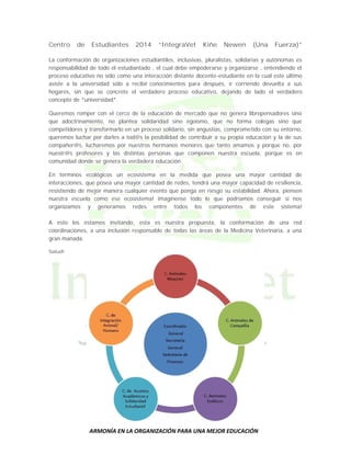 Centro

de

Estudiantes

2014

“IntegraVet

Kiñe

Newen

(Una

Fuerza)”

La conformación de organizaciones estudiantiles, inclusivas, pluralistas, solidarias y autónomas es
responsabilidad de todo el estudiantado , el cual debe empoderarse y organizarse , entendiendo el
proceso educativo no sólo como una interacción distante docente-estudiante en la cual este último
asiste a la universidad sólo a recibir conocimientos para después, ir corriendo devuelta a sus
hogares, sin que se concrete el verdadero proceso educativo, dejando de lado el verdadero
concepto de *universidad*.
Queremos romper con el cerco de la educación de mercado que no genera librepensadores sino
que adoctrinamiento, no plantea solidaridad sino egoísmo, que no forma colegas sino que
competidores y transformarlo en un proceso solidario, sin angustias, comprometido con su entorno,
queremos luchar por darles a tod@s la posibilidad de contribuir a su propia educación y la de sus
compañer@s, lucharemos por nuestros hermanos menores que tanto amamos y porque no, por
nuestr@s profesores y las distintas personas que componen nuestra escuela, porque es en
comunidad donde se genera la verdadera educación.
En términos ecológicos un ecosistema en la medida que posea una mayor cantidad de
interacciones, que posea una mayor cantidad de redes, tendrá una mayor capacidad de resiliencia,
resistiendo de mejor manera cualquier evento que ponga en riesgo su estabilidad. Ahora, piensen
nuestra escuela como ese ecosistema! imagínense todo lo que podríamos conseguir si nos
organizamos y generamos redes entre todos los componentes de este sistema!
A esto los estamos invitando, esta es nuestra propuesta, la conformación de una red
coordinaciones, a una inclusión responsable de todas las áreas de la Medicina Veterinaria, a una
gran manada.
Salud!

ARMONÍA EN LA ORGANIZACIÓN PARA UNA MEJOR EDUCACIÓN

 