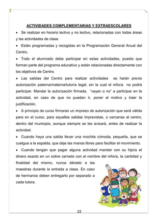 22
ACTIVIDADES COMPLEMENTARIAS Y EXTRAESCOLARES
 Se realizan en horario lectivo y no lectivo, relacionadas con todas áreas
y las actividades de clase.
 Están programadas y recogidas en la Programación General Anual del
Centro.
 Todo el alumnado debe participar en estas actividades, puesto que
forman parte del programa educativo y están relacionadas directamente con
los objetivos de Centro.
 Las salidas del Centro para realizar actividades se harán previa
autorización paterna/materna/tutor/a legal, sin la cual el niño/a no podrá
participar. Mandar la autorización firmada, “vayan o no” a participar en la
actividad, en caso de que no puedan ir, poner el motivo y traer la
justificación.
 A principio de curso firmaran un impreso de autorización que será válida
para en el curso, para aquellas salidas imprevistas, o cercanas al centro,
dentro del municipio, aunque siempre se les avisará, antes de realizar la
actividad.
 Cuando haya una salida llevar una mochila cómoda, pequeña, que se
cuelgue a la espalda, que deje las manos libres para facilitar el movimiento.
 Cuando tengan que pagar alguna actividad mandar con su hijo/a el
dinero exacto en un sobre cerrado con el nombre del niño/a, la cantidad y
finalidad del mismo, nunca dárselo a las
maestras durante la entrada a clase. En caso
de hermanos deben entregarlo por separado a
cada tutora.
 