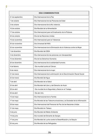 26
DÍAS CONMEMORATIVOS
21 de septiembre Día Internacional de la Paz
1 de octubre Día Internacional de las Personas de Edad
2 de octubre Día internacional de la No violencia.
16 de octubre Día Mundial de la Alimentación
17 de octubre Día Internacional para la Erradicación de la Pobreza
24 de octubre Día de las Naciones Unidas
16 de noviembre Día Internacional para la Tolerancia
20 de noviembre Día Universal del Niño
25 de noviembre Día Internacional de la Eliminación de la Violencia contra la Mujer
1 de diciembre Día Mundial del SIDA
3 de diciembre Día internacional de las personas con discapacidad.
10 de diciembre Día de los Derechos Humanos
20 de diciembre Día internacional de la solidaridad humana.
4 de febrero Día mundial contra el Cáncer.
8 de marzo Día internacional de la mujer.
21 de marzo Día Internacional de la eliminación de la Discriminación Racial Social.
22 de marzo Día Mundial del Agua
7 de abril Día Mundial de la Salud
23 de abril Día Mundial del Libro y del Derecho de Autor
28 de abril Día mundial de la Seguridad y Salud en el Trabajo.
30 de abril Día del niño.
15 de mayo Día Internacional de la Familia
17 de mayo Día Mundial de las Telecomunicaciones y la Sociedad de la Información.
29 de mayo Día Internacional del Personal de Paz de las Naciones Unidas
31 de mayo Día Mundial sin Tabaco
5 de junio Día Mundial del Medio Ambiente
14 de junio Día mundial del Donante de Sangre.
17 de junio Día Mundial de Lucha contra la Desertificación y la Sequía
20 de junio Día Mundial de los Refugiados
 
