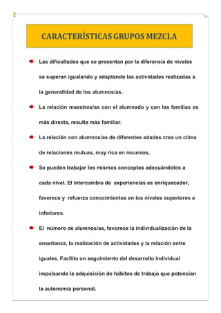27
Las dificultades que se presentan por la diferencia de niveles
se superan igualando y adaptando las actividades realizadas a
la generalidad de los alumnos/as.
La relación maestros/as con el alumnado y con las familias es
más directa, resulta más familiar.
La relación con alumnos/as de diferentes edades crea un clima
de relaciones mutuas, muy rica en recursos.
Se pueden trabajar los mismos conceptos adecuándolos a
cada nivel. El intercambio de experiencias es enriquecedor,
favorece y refuerza conocimientos en los niveles superiores e
inferiores.
El número de alumnos/as, favorece la individualización de la
enseñanza, la realización de actividades y la relación entre
iguales. Facilita un seguimiento del desarrollo individual
impulsando la adquisición de hábitos de trabajo que potencian
la autonomía personal.
 