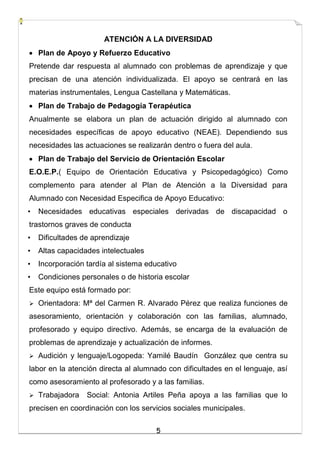 5
ATENCIÓN A LA DIVERSIDAD
 Plan de Apoyo y Refuerzo Educativo
Pretende dar respuesta al alumnado con problemas de aprendizaje y que
precisan de una atención individualizada. El apoyo se centrará en las
materias instrumentales, Lengua Castellana y Matemáticas.
 Plan de Trabajo de Pedagogía Terapéutica
Anualmente se elabora un plan de actuación dirigido al alumnado con
necesidades específicas de apoyo educativo (NEAE). Dependiendo sus
necesidades las actuaciones se realizarán dentro o fuera del aula.
 Plan de Trabajo del Servicio de Orientación Escolar
E.O.E.P.( Equipo de Orientación Educativa y Psicopedagógico) Como
complemento para atender al Plan de Atención a la Diversidad para
Alumnado con Necesidad Especifica de Apoyo Educativo:
• Necesidades educativas especiales derivadas de discapacidad o
trastornos graves de conducta
• Dificultades de aprendizaje
• Altas capacidades intelectuales
• Incorporación tardía al sistema educativo
• Condiciones personales o de historia escolar
Este equipo está formado por:
 Orientadora: Mª del Carmen R. Alvarado Pérez que realiza funciones de
asesoramiento, orientación y colaboración con las familias, alumnado,
profesorado y equipo directivo. Además, se encarga de la evaluación de
problemas de aprendizaje y actualización de informes.
 Audición y lenguaje/Logopeda: Yamilé Baudín González que centra su
labor en la atención directa al alumnado con dificultades en el lenguaje, así
como asesoramiento al profesorado y a las familias.
 Trabajadora Social: Antonia Artiles Peña apoya a las familias que lo
precisen en coordinación con los servicios sociales municipales.
 