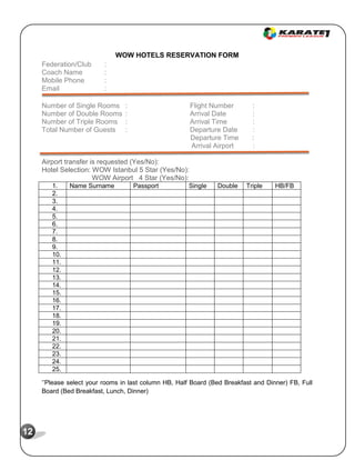 12
WOW HOTELS RESERVATION FORM
Federation/Club :
Coach Name :
Mobile Phone :
Email :
Number of Single Rooms : Flight Number :
Number of Double Rooms : Arrival Date :
Number of Triple Rooms : Arrival Time :
Total Number of Guests : Departure Date :
Departure Time :
Arrival Airport :
Airport transfer is requested (Yes/No):
Hotel Selection: WOW Istanbul 5 Star (Yes/No):
WOW Airport 4 Star (Yes/No):
1. Name Surname Passport Single Double Triple HB/FB
2.
3.
4.
5.
6.
7.
8.
9.
10.
11.
12.
13.
14.
15.
16.
17.
18.
19.
20.
21.
22.
23.
24.
25.
‘’Please select your rooms in last column HB, Half Board (Bed Breakfast and Dinner) FB, Full
Board (Bed Breakfast, Lunch, Dinner)
 