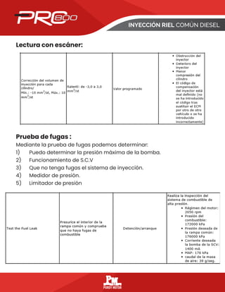 Prueba de fugas :
Mediante la prueba de fugas podemos determinar:
1) Puedo determinar la presión máxima de la bomba.
2) Funcionamiento de S.C.V
3) Que no tenga fugas el sistema de inyección.
4) Medidor de presión.
5) Limitador de presión
INYECCIÓN RIEL COMÚN DIESEL
Lectura con escáner:
 