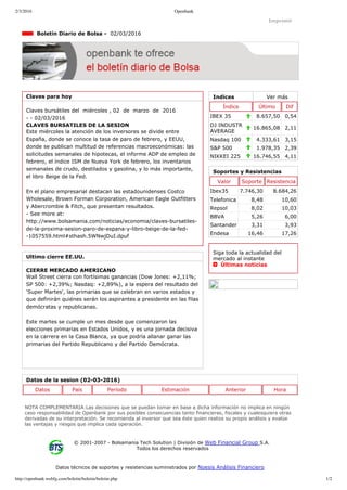 2/3/2016 Openbank
http://openbank.webfg.com/boletin/boletin/boletin.php 1/2
Indices Ver más
Índice Último Dif
IBEX 35 8.657,50 0,54
DJ INDUSTR
AVERAGE
16.865,08 2,11
Nasdaq 100 4.333,61 3,15
S&P 500 1.978,35 2,39
NIKKEI 225 16.746,55 4,11
Imprimir
  Boletín Diario de Bolsa ­  02/03/2016
Claves para hoy
Claves bursátiles del  miércoles , 02  de  marzo  de  2016
­ ­ 02/03/2016
CLAVES BURSATILES DE LA SESION
Este miércoles la atención de los inversores se divide entre
España, donde se conoce la tasa de paro de febrero, y EEUU,
donde se publican multitud de referencias macroeconómicas: las
solicitudes semanales de hipotecas, el informe ADP de empleo de
febrero, el índice ISM de Nueva York de febrero, los inventarios
semanales de crudo, destilados y gasolina, y lo más importante,
el libro Beige de la Fed.
En el plano empresarial destacan las estadounidenses Costco
Wholesale, Brown Forman Corporation, American Eagle Outfitters
y Abercrombie & Fitch, que presentan resultados.
­ See more at:
http://www.bolsamania.com/noticias/economia/claves­bursatiles­
de­la­proxima­sesion­paro­de­espana­y­libro­beige­de­la­fed­
­1057559.html#sthash.5WNwjDuI.dpuf
Ultimo cierre EE.UU.
CIERRE MERCADO AMERICANO
Wall Street cierra con fortísimas ganancias (Dow Jones: +2,11%;
SP 500: +2,39%; Nasdaq: +2,89%), a la espera del resultado del
'Super Martes', las primarias que se celebran en varios estados y
que definirán quiénes serán los aspirantes a presidente en las filas
demócratas y republicanas.
Este martes se cumple un mes desde que comenzaron las
elecciones primarias en Estados Unidos, y es una jornada decisiva
en la carrera en la Casa Blanca, ya que podría allanar ganar las
primarias del Partido Republicano y del Partido Demócrata.
Soportes y Resistencias
Valor Soporte Resistencia
Ibex35 7.746,30 8.684,26
Telefonica 8,48 10,60
Repsol 8,02 10,03
BBVA 5,26 6,00
Santander 3,31 3,93
Endesa 16,46 17,26
Siga toda la actualidad del
mercado al instante 
  Últimas noticias
Datos de la sesion (02­03­2016)
Datos País Período Estimación Anterior Hora
NOTA COMPLEMENTARIA:Las decisiones que se puedan tomar en base a dicha información no implica en ningún
caso responsabilidad de Openbank por sus posibles consecuencias tanto financieras, fiscales y cualesquiera otras
derivadas de su interpretación. Se recomienda al inversor que sea éste quien realize su propio análisis y evalúe
las ventajas y riesgos que implica cada operación.
© 2001­2007 ­ Bolsamania Tech Solution | División de Web Financial Group S.A. 
Todos los derechos reservados
Datos técnicos de soportes y resistencias suministrados por Noesis Análisis Financiero
 