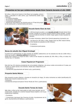Página 7                                                                               canariasconhonduras

 Proyectos en los que colaboramos desde Gran Canaria durante el año 2005

84 niñas y niños de la Colonia 14 de Marzo son acogidos, alimen-
tados y educados en este centro, que mantenemos desde aquí
mediante:
- 72 niñas/os becados.
- 26 socias/os colaboradores.
- 4 donaciones particulares.
- Subvención del Gobierno de Canarias para la 2ª fase del proyec-
to de construcción y mantenimiento del centro.



                                        Escuela Santa Clara de Asís

                                         1.320 alumnas/os acuden a una escuela privada llamada Santa Clara
                                         de Asís, situada en la colonia marginal Ramón Amaya Amador. A pesar
                                         de ser privada las familias no tienen ningún gasto al estar becados los
                                         estudios.
                                         En estos momentos, desde Gran Canaria apoyamos el proyecto con:
                                         - Las becas de 136 niñas y niños. Desde mayo de 2001 hasta la fecha,
                                         se han becado los estudios de 250 niños/as.
                                         - 6 socias/os.
                                         - 2 donaciones particulares.



Becas de estudio San Miguel Arcángel
A través de la participación en este proyecto de ACOES colaboramos con los estudios de más de 3.000 niños y
niñas que acuden a escuelas públicas de Honduras.
Desde Gran Canaria a lo largo de estos 7 años se han becado los estudios de 346 niñas y niños, en estos mo-
mentos hay 117 becados.


                            Casas Populorum Progressio

Este año hay 101 jóvenes procedentes de comunidades indígenas y de zonas rurales conviviendo en 5 casas, pa-
ra tener un mejor acceso a los estudios. Desde aquí colaboramos con:
- 18 socias/os.
- 3 donaciones (Ayuntamiento de Santa Lucía y particulares).


Proyecto Santa Mónica

Este proyecto es para niñas/os y jóvenes en situación de riesgo. En estos momentos se están beneficiando 65.
Desde Gran Canaria colaboramos con:
3 socias/os.
6 donaciones (Grupo de Ayuda al Tercer Mundo de Teror y particulares).




                       Escuela Santa Teresa de Jesús
986 niñas y niños se han matriculado en esta nueva escuela, aún en
construcción, situada en la colonia marginal Nueva Capital y con la que
colaboramos mediante:
- 8 socias/os.
- 5 donaciones (parroquia San Francisco de Asís, Ayuntamiento de In-
genio, Ayuntamiento de Valleseco y particulares).
 