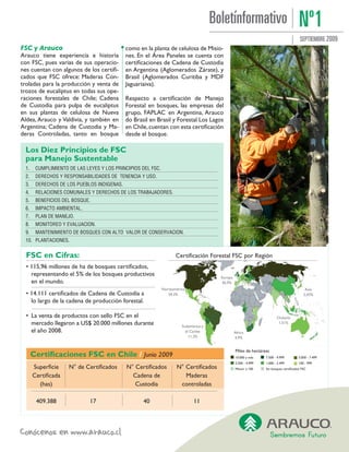 Boletínformativo
                                                                                                                                         SEPTIEMBRE 2009
FSC y Arauco                                 como en la planta de celulosa de Misio-
Arauco tiene experiencia e historia          nes. En el Área Paneles se cuenta con
con FSC, pues varias de sus operacio-        certificaciones de Cadena de Custodia
nes cuentan con algunos de los certifi-      en Argentina (Aglomerados Zárate), y
cados que FSC ofrece: Maderas Con-           Brasil (Aglomerados Curitiba y MDF
troladas para la producción y venta de       Jaguariaiva).
trozos de eucaliptus en todas sus ope-
raciones forestales de Chile; Cadena         Respecto a certificación de Manejo
de Custodia para pulpa de eucaliptus         Forestal en bosques, las empresas del
en sus plantas de celulosa de Nueva          grupo, FAPLAC en Argentina, Arauco
Aldea, Arauco y Valdivia, y también en       do Brasil en Brasil y Forestal Los Lagos
Argentina; Cadena de Custodia y Ma-          en Chile, cuentan con esta certificación
deras Controladas, tanto en bosque           desde el bosque.

  Los Diez Principios de FSC
  para Manejo Sustentable
  1.    CUMPLIMIENTO DE LAS LEYES Y LOS PRINCIPIOS DEL FSC.
  2.    DERECHOS Y RESPONSABILIDADES DE TENENCIA Y USO.
  3.    DERECHOS DE LOS PUEBLOS INDIGENAS.
  4.    RELACIONES COMUNALES Y DERECHOS DE LOS TRABAJADORES.
  5.    BENEFICIOS DEL BOSQUE.
  6.    IMPACTO AMBIENTAL.
  7.    PLAN DE MANEJO.
  8.    MONITOREO Y EVALUACION.
  9.    MANTENIMIENTO DE BOSQUES CON ALTO VALOR DE CONSERVACION.
  10. PLANTACIONES.


  FSC en Cifras:                                                     Certificación Forestal FSC por Región
  • 115,96 millones de ha de bosques certificados,
    representando el 5% de los bosques productivos                                       Europa
    en el mundo.                                                                         45,9%
                                                              Norteamérica                                                                   Asia
  • 14.111 certificados de Cadena de Custodia a                  34,3%                                                                      2,43%
    lo largo de la cadena de producción forestal.

  • La venta de productos con sello FSC en el                                                                            Oceanía
    mercado llegaron a US$ 20.000 millones durante                      Sudamérica y
                                                                                                                          1,51%

    el año 2008.                                                          el Caribe               Africa
                                                                            11,3%                 4,9%


                                                                                                  Miles de hectáreas
       Certificaciones FSC en Chile / Junio 2009                                                  10.000 y más    7.500 - 9.999         5.000 - 7.499
                                                                                                  2.500 - 4.999   1.000 - 2.499         100 - 999
       Superficie    N° de Certificados      N° Certificados         N° Certificados              Menor a 100     Sin bosques certificados FSC

       Certificada                             Cadena de                Maderas
         (has)                                  Custodia              controladas

        409.388               17                    40                        11
 