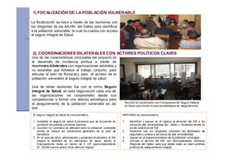 1) FOCALIZACIÓN DE LA POBLACIÓN VULNERABLE

La focalización se hace a través de las reuniones con
los dirigentes de los AA.HH. del Callao para identificar
a la población vulnerable, la cual no cuenta con acceso
al seguro integral de Salud.




 2) COORDINACIONES BILATERALES CON ACTORES POLÍTICOS CLAVES
Una de las características principales del proyecto es
el desarrollo de incidencia política a través de
reuniones bilaterales con organizaciones estatales y
no estatales que fortalece el trabajo conjunto, para
articular el plan de Advocacy para el acceso de la
población vulnerable al seguro integral de salud.

Una de estas reuniones fue con el mimo Seguro
Integral de Salud, en esta negociación cada una de
las organizaciones se comprometió desde sus
competencias a formar una alianza estratégica para
                                                                          Reunión de coordinación con Funcionarios del Seguro Integral
el aseguramiento de la población vulnerable es así
                                                                          de Salud para formar la alianza estratégica de aseguramiento.
que:
 El Seguro Integral de Salud se comprometió a:                           INPPARES se comprometió a:

 1. Subsidiar al seguro de salud a personas que se encuentra en          1.   Identificar y apoyar en el ingreso al personal del SIS a las
    condición de pobreza y extrema pobreza                                    zonas de alta vulnerabilidad del Callao y Ventanilla donde no
 2. Suscribir los contratos de afiliación para la población vulnerable        exista cobertura del SIS
    donde se indique las condiciones generales de su plan de             2.   Gestionar con los dirigentes vecinales las facilidades de
    beneficios                                                                seguridad y acceso a las zonas de alta vulnerabilidad.
 3. En el caso de niños, adolescentes y gestantes focalizados, el SIS    3.   Apoyar en el empadronamiento de la población vulnerable.
    pagara la totalidad de las atenciones de salud, siendo el            4.   Articular el servicio del SIS; con Municipalidades, Gobierno
    financiamiento hasta un monto de 5 UIT (aproximadamente                   Regional del Callao, para que desde estas se creen políticas
    S/. 18,000 nuevos soles) como atención regular.                           publicas de aseguramiento integral.
 