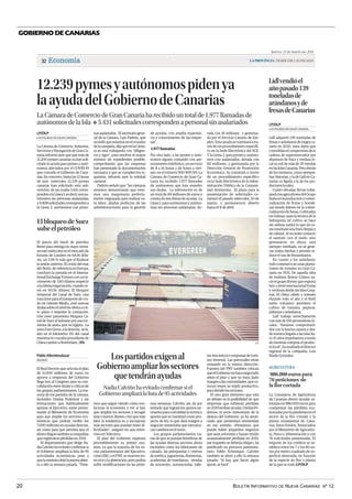 BOLETÍN INFORMATIVO DE NUEVA CANARIAS Nº 12
20
GOBIERNO DE CANARIAS
Jueves, 25 de marzo de 2021
LAPROVINCIA| DIARIO DE LAS PALMAS
Economía
32
Lidlvendióel
añopasado139
toneladasde
arándanosyde
fresasdeCanarias
Lidl adquirió 139 toneladas de
fresas y arándanos de origen ca-
nario en 2020, unos datos que
consolidanelcompromisodela
cadena de supermercados por
abastecer de fruta y verdura lo-
cal su red de más de 30 tiendas
enlasIslasCanarias.Perodetrás
de los números, como siempre,
hay historias, y la de Lidl en Ca-
narias va ligada a la de los pro-
ductores locales.
Cuatro décadas llevan traba-
jandolosagricultoresdelGrupo
Izañaenlaproducciónycomer-
cialización de frutas y hortali-
zas siendo líderes en la comer-
cialización de fresas. Cultivadas
en Güímar, usan la técnica de la
hidroponía (el cultivo se hace
sin utilizar suelo) lo que da co-
mo resultado una fruta limpia y
de calidad. Al no tener contacto
el sustrato con el suelo, sino
permanecer en altura, está
siempre ventilado, no se gene-
ran malas hierbas y permite re-
ducir el uso de fitosanitarios.
En cuanto a los arándanos,
todo comenzó con unas planta-
ciones de tomates en Gran Ca-
naria en 1935. De aquella idea
de Jualiano Bonny Gómez na-
ció el grupo Bonny que exporta
hoy a nivel internacional frutas
y verduras desde las Islas Cana-
rias. El clima cálido y soleado
durante todo el año y el fértil
suelo volcánico permiten el
cultivo de tomates, pepinos,
plátanos o arándanos.
Lidl trabaja estrechamente
con más de 100 proveedores lo-
cales. “Estamos comprometi-
dos con la huerta canaria y des-
de nuestra llegada a las islas ha-
ce 10 años impulsamos a través
de nuestras compras el produc-
tolocal”,haresaltadoeldirector
regional de la compañía, Luis
Eladio González.
LAS PALMAS DE GRAN CANARIA
LP/DLP
12.239pymesyautónomospidenya
laayudadelGobiernodeCanarias
LaCámaradeComerciodeGranCanariaharecibidountotalde1.977llamadasde
autónomosdelaIsla ❖ 5.431solicitudescorrespondenapersonalsinasalariados
La Cámara de Comercio, Industria,
ServiciosyNavegacióndeGranCa-
naria informó ayer que que más de
12.200 pymes canarias ya han soli-
citado la ayuda para pymes y autó-
nomos afectados por el COVID-19
que concede el Gobierno de Cana-
rias. En concreto, hasta las 12 horas
de ayer miércoles, 12.239 pymes
canarias han solicitado esta sub-
vención, de las cuales 5.431 corres-
pondenalaLínea1;esdecir,sonau-
tónomos sin personas asalariadas;
y6.808solicitudescorrespondena
la Línea 2, autónomos con perso-
nasasalariadas. Elsecretariogene-
ral de la Cámara, Luis Padrón, que
recordó que estamos en el ecuador
delacampaña,dijoqueenlaCáma-
ra se está trabajando con “diligen-
cia y rigor”, para resolver el mayor
número de expedientes posible,
comprobando que las empresas
han presentado la documentación
necesaria y que se cumplen los re-
quisitos, informó ayer la entidad
cameral.
Padrón señaló que “las cámaras
estamos demostrando que tene-
mos una maquinaria perfecta-
mente engrasada para realizar es-
ta labor, aliadas perfectas de las
administraciones para la gestión
de ayudas, con amplia experien-
cia y conocimiento de las empre-
sas”.
1.977 llamadas
Por otro lado, a las pymes y autó-
nomos siguen contando con ase-
soramientotelefónico,unservicio
de 8 a 16 horas y de lunes a vier-
nes, en el número 900 909 519. La
Cámara de Comercio de Gran Ca-
naria ha recibido 1.977 llamadas
de autónomos que han resuelto
sus dudas. La subvención es de
un total de 84 millones de euros y
consta de dos líneas de ayudas. La
Línea1,paraautónomosyautóno-
mas sin personas asalariadas, do-
tada con 18 millones , y gestiona-
da por el Servicio Canario de Em-
pleo. Esta ayuda se tramitará a tra-
vés de un procedimiento específi-
co en la Sede Electrónica del SCE.
Y la Línea 2, para pymes y autóno-
mos con asalariados, dotada con
66 millones, y gestionada por la
Dirección General de Promoción
Económica. Se tramitará a través
de un procedimiento específico
en la Sede Electrónica de la Admi-
nistración Pública de la Comuni-
dad Autónoma. El plazo para la
presentación de solicitudes co-
menzó el pasado miércoles, 10 de
marzo, y permanecerá abierto
hasta el 8 de abril.
LAS PALMAS DE GRAN CANARIA
LP/DLP
Lospartidosexigenal
Gobiernoampliarlossectores
quetendránayudas
NadiaCalviñohaevitadoconfirmarsiel
Gobiernoampliarálalistade95actividades
El Real Decreto que articula el plan
de 11.000 millones de euros en
apoyos a empresas del Gobierno
llega hoy al Congreso para su con-
validaciónentredudasycríticasde
los grupos parlamentarios. La ma-
yoría de los partidos de la cámara,
incluidos Unidas Podemos y las
formaciones que habitualmente
apoyan al Ejecutivo, están presio-
nando al Ministerio de Economía
para que amplíe los sectores eco-
nómicos que podrán recibir los
7.000 millones en ayudas directas,
así como para que permita que el
dinerolleguetambiénacompañías
que registraron pérdidas en 2019.
El departamento que dirige Na-
dia Calviño ha evitado confirmar si
el Gobierno ampliará la lista de 95
actividades económicas, pese a
quelaministradejólapuertaabier-
ta a ello la semana pasada. “Tene-
MADRID
Pablo Allendesalazar
mos que seguir viendo cómo evo-
luciona la economía y ver si hay
que ampliar los sectores y recoger
másomenos.Bueno,creoquemás
bien la tendencia es a incorporar
más sectores que puedan tener di-
ficultades”, aseguró en una entre-
vista en Telecinco.
El plan del Gobierno superará
previsiblemente su primer exa-
men, ya que la mayoría de los so-
cios parlamentarios del Ejecutivo,
como ERC o el PNV, se mueven en-
tre el sí y la abstención, pero podría
sufrir modificaciones en las próxi-
mas semanas. Calviño, así, da por
sentado que logrará los apoyos ne-
cesarios para convalidar la norma y
apunta que se tramitará como pro-
yecto de ley, lo que dará margen a
negociar enmiendas que introduz-
can cambios en el texto.
Los grupos parlamentarios tra-
tan de que se puedan beneficiar de
las ayudas directas sectores ahora
excluidos como los fabricantes de
calzado, las peluquerías y centros
deestética,jugueterías,floristerías,
academias de enseñanza, tiendas
de souvenirs, autoescuelas, talle-
res mecánicos o empresas de turis-
mo invernal. Las patronales están
remando en la misma dirección.
Fuentes del PNV también critican
queelGobiernonohayanegociado
antes el plan y que no haya dado
margenalascomunidades,queco-
nocen mejor su tejido productivo,
para decidir los sectores.
El otro gran elemento que está
en debate es la posibilidad de que
empresas que sufrieran pérdidas
en2019recibanayudas.UnidasPo-
demos, el socio minoritario de la
alianza del Gobierno, ya ha anun-
ciado que presentará enmiendas
en ese sentido. «Pensamos que
puede haber pequeños negocios
que sean solventes y hayan tenido
ocasionalmente pérdidas en 2019,
ese requisito se debería relajar», ha
justificado su portavoz parlamen-
tario, Pablo Echenique. Calviño
también se abrió a ello la semana
pasada: “Si hay que hacer algún
ajuste, se hará”.
ElbloqueodeSuez
subeelpetróleo
El precio del barril de petróleo
Brent para entrega en mayo termi-
nóestemiércolesenelmercadode
futuros de Londres en 64,16 dóla-
res, un 5,94 % más que al finalizar
la sesión anterior. El crudo del mar
del Norte, de referencia en Europa,
concluyó la jornada en el Interna-
tionalExchangeFuturesconunin-
cremento de 3,60 dólares respecto
alaúltimanegociación,cuandoce-
rró en 60,56 dólares. El bloqueo
temporal del Canal de Suez, una
rutaclaveparaeltransportedecru-
do en Oriente Medio, creó nuevas
dudassobreelniveldeofertaacor-
to plazo e impulsó la cotización.
Una nave panamena bloquea Ca-
nal de Suez al ladearse por una tor-
menta de arena ayer en Egipto. La
naveEverGiven,aladerecha, sela-
deo en el kilometro 151 del canal
mientras lo cruzaba procedente de
China camino a Rotterdam. |Efe EFE
AGRICULTURA
986.000 euros para
76 peticiones de
la flor cortada
La Consejería de Agricultura
de Canarias abonó ayudas va-
loradas en 986.000 euros para
compensar las pérdidas oca-
sionadasporlapandemiaenel
sector de la flor cortada y la
planta ornamental de Cana-
rias. Estos fondos, financiados
por el Ministerio de Agricultu-
ra, Pesca y Alimentación y con
76 solicitudes presentadas. El
importe de los créditos se es-
tablece entre los 7 y los 80 eu-
ros por metro cuadrado de su-
perficie destruida, en función
de la especie de flor o planta
de la que se trate.|LP/DLP
.
12.239 pymes y autónomos piden ya la ayuda del Gobierno de Canarias
 