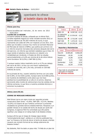 16/01/13                                                   Openbank

                                                                                                Imprimir

             Boletín Diario de Bolsa ­  16/01/2013




     Claves para hoy                                                    Indices                Ver más
                                                                           Índice         Último      Dif
     Claves bursátiles del  miércoles , 16  de  enero  de  2013
     ­ ­ 16/01/2013                                                    IBEX 35           8.587,90 ­0,15
     CLAVES DE LA SESION                                               DJ INDUSTR
                                                                                        13.534,90     0,20
     La buena subasta de deuda, eclipsada por el efecto Fitch          AVERAGE
     La bolsa española negoció en renta variable durante 2012 un       Nasdaq 100        2.722,98 ­0,46
     volumen efectivo de 701.007 millones de euros, lo que             S&P 500           1.472,34     0,11
     representa una caída del 24% con respecto a la de 2011. Son       NIKKEI 225       10.230,36     2,92
     datos que ha dado a conocer hoy mismo la Comisión Nacional
     del Mercado de Valores (CNMV), que publica por primera vez
                                                                        Soportes y Resistencias
     un informe anual de mercados dos semanas después del cierre
     del ejercicio. Un informe que también establece que el Ibex 35      Valor      Soporte Resistencia
     sigue siendo el selectivo más atractivo en relación a la          Ibex35       8.005,08     8.902,09
     rentabilidad por dividendo. A finales de 2012 se situaba          Telefonica     10,36         11,58
     aproximadamente un 6,4% por encima de la de otros índices         Repsol         15,99         16,58
     como Eurostoxx 50 (4,5%) y S&P 500 (2,2%).
                                                                       BBVA             6,71          7,84
                                                                       Santander        5,92          9,32
     Y aunque nuestro índice madrileño cerró un 4,7% por debajo
                                                                       Endesa         16,59         17,66
     del cierre de 2011, lo hizo con una mayor capitalización
     bursátil, en concreto, del 1,2% más, cerrando en 324.460
     millones de euros.                                                 Siga toda la actualidad del
                                                                        mercado al instante 
     En la jornada de hoy, nuestro selectivo termina con una caída         Últimas noticias
     del 0,36%, en los 8.601 puntos. Aunque salva los 8.600 puntos,
     da muestras de debilidad a corto plazo que nos hace
     plantearnos la posibilidad de un alto en el camino. Estamos
     apreciando altos niveles de sobrecompra tras las subidas de las
     últimas semanas, lo que lleva a nuestros analistas técnicos a
     extremar la prudencia.


     Ultimo cierre EE.UU.

     CIERRE DE MERCADO AMERICANO

     Wall Street cierra con signo mixto por segunda jornada
     consecutiva (Dow Jones: +0,20%; S&P 500: +0,11%; Nasdaq:
     ­0,22%) a la espera de que mañana comiencen a presentar
     resultados los grandes bancos estadounidenses. Respecto a un
     posible retraso en la subida del techo de deuda por parte del
     Congreso, la agencia Fitch ha comentado que ello podría
     significar una rebaja en el rating triple A de Estados Unidos.

     Aunque afirma que el riesgo de impago sigue siendo
     “extremadamente bajo”, señala en un informe publicado hoy
     que “un fracaso a la hora de elevar el techo de deuda a tiempo
     causará una revisión formal de los ratings soberanos de
     Estados Unidos”.

     No obstante, Fitch ha dado un paso más: “A falta de un plan de


openbank.webfg.com/boletin/boletin/boletin.php                                                               1/2
 