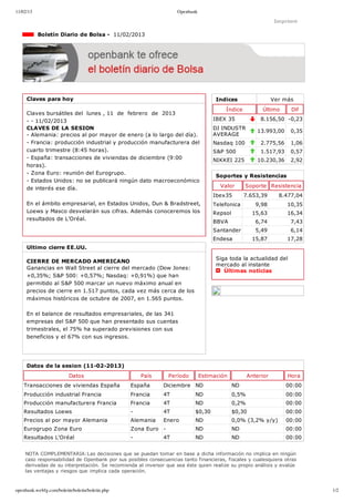 11/02/13                                                          Openbank

                                                                                                              Imprimir

             Boletín Diario de Bolsa ­  11/02/2013




     Claves para hoy                                                               Indices                   Ver más
                                                                                      Índice           Último      Dif
     Claves bursátiles del  lunes , 11  de  febrero  de  2013
     ­ ­ 11/02/2013                                                               IBEX 35              8.156,50 ­0,23
     CLAVES DE LA SESION                                                          DJ INDUSTR
                                                                                                     13.993,00     0,35
     ­ Alemania: precios al por mayor de enero (a lo largo del día).              AVERAGE
     ­ Francia: producción industrial y producción manufacturera del              Nasdaq 100           2.775,56    1,06
     cuarto trimestre (8:45 horas).                                               S&P 500              1.517,93    0,57
     ­ España: transacciones de viviendas de diciembre (9:00                      NIKKEI 225         10.230,36     2,92
     horas).
     ­ Zona Euro: reunión del Eurogrupo.
                                                                                   Soportes y Resistencias
     ­ Estados Unidos: no se publicará ningún dato macroeconómico
     de interés ese día.                                                            Valor       Soporte Resistencia
                                                                                  Ibex35        7.653,39       8.477,04
     En el ámbito empresarial, en Estados Unidos, Dun & Bradstreet,               Telefonica         9,98         10,35
     Loews y Masco desvelarán sus cifras. Además conoceremos los                  Repsol            15,63         16,34
     resultados de L’Oréal.
                                                                                  BBVA               6,74          7,43
                                                                                  Santander          5,49          6,14
                                                                                  Endesa            15,87         17,28
     Ultimo cierre EE.UU.

                                                                                   Siga toda la actualidad del
     CIERRE DE MERCADO AMERICANO
                                                                                   mercado al instante 
     Ganancias en Wall Street al cierre del mercado (Dow Jones:
                                                                                      Últimas noticias
     +0,35%; S&P 500: +0,57%; Nasdaq: +0,91%) que han
     permitido al S&P 500 marcar un nuevo máximo anual en
     precios de cierre en 1.517 puntos, cada vez más cerca de los
     máximos históricos de octubre de 2007, en 1.565 puntos. 

     En el balance de resultados empresariales, de las 341
     empresas del S&P 500 que han presentado sus cuentas
     trimestrales, el 75% ha superado previsiones con sus
     beneficios y el 67% con sus ingresos.




     Datos de la sesion (11­02­2013)
                          Datos                      País      Período       Estimación           Anterior        Hora
    Transacciones de viviendas España            España      Diciembre ND                  ND                     00:00
    Producción industrial Francia                Francia     4T           ND               0,5%                   00:00
    Producción manufacturera Francia             Francia     4T           ND               0,2%                   00:00
    Resultados Loews                             ­           4T           $0,30            $0,30                  00:00
    Precios al por mayor Alemania                Alemania    Enero        ND               0,0% (3,2% y/y)        00:00
    Eurogrupo Zona Euro                          Zona Euro ­              ND               ND                     00:00
    Resultados L'Oréal                           ­           4T           ND               ND                     00:00


    NOTA COMPLEMENTARIA:Las decisiones que se puedan tomar en base a dicha información no implica en ningún
    caso responsabilidad de Openbank por sus posibles consecuencias tanto financieras, fiscales y cualesquiera otras
    derivadas de su interpretación. Se recomienda al inversor que sea éste quien realize su propio análisis y evalúe
    las ventajas y riesgos que implica cada operación.



openbank.webfg.com/boletin/boletin/boletin.php                                                                            1/2
 