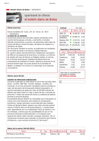 04/03/13                                                       Openbank

                                                                                                         Imprimir

             Boletín Diario de Bolsa ­  04/03/2013




     Claves para hoy                                                         Indices                  Ver más
                                                                                Índice            Último      Dif
     Claves bursátiles del  lunes , 04  de  marzo  de  2013
     ­ ­ 04/03/2013                                                       IBEX 35                8.180,70 ­0,08
     CLAVES DE LA SEMANA                                                  DJ INDUSTR
                                                                                                14.089,70     0,25
     La próxima semana los mercados estarán pendientes de la              AVERAGE
     reunión del Eurogrupo, el lunes, y del Ecofin, el martes.            Nasdaq 100             2.747,75     0,33
     Además conoceremos, el jueves, las decisiones sobre tipos de         S&P 500                1.518,20     0,23
     interés del Banco Central Europeo, del Banco de Inglaterra y         NIKKEI 225            10.230,36     2,92
     del Banco de Japón.
     Por otra parte, también el jueves, se publicarán los resultados
                                                                             Soportes y Resistencias
     de los tests de estrés a los bancos estadounidenses.
     En cuanto a datos macroeconómicos, destacamos una batería                Valor      Soporte Resistencia
     de PMIs en los países de la Zona Euro, el martes, y el informe       Ibex35         7.821,03         8.342,26
     de empleo del mes de febrero en Estados Unidos, el viernes.          Telefonica           9,93          10,35
     En el terreno empresarial, Catalana Occidente hará una               Repsol              15,02          16,16
     presentación de analistas el martes. Además el próximo fin de
                                                                          BBVA                 7,43           7,82
     semana tendrá lugar una junta general de accionistas de
                                                                          Santander            5,57           6,14
     Mapfre, el sábado 9 en primera y el domingo 10 en segunda
                                                                          Endesa              13,00          15,77
     convocatoria.


                                                                             Siga toda la actualidad del
                                                                             mercado al instante 
     Ultimo cierre EE.UU.                                                       Últimas noticias

     CIERRE DE MERCADO AMERICANO
     Compras moderadas en Wall Street al cierre del mercado (Dow
     Jones: +0,25%; S&P 500: +0,23%; Nasdaq: +0,30%). De
     momento, no se han producido novedades sobre la entrada en
     vigor del secuestro del presupuesto federal (sequester), el
     recorte automático de gasto por valor de 85.000 millones de
     dólares que debe entrar en vigor a partir de hoy y durante los
     próximos 7 meses del actual año fiscal (1,2 billones de dólares
     durante la próxima década).
     El presidente Barack Obama ha comentado que el secuestro no
     creará una crisis financiera, pero dañará la recuperación
     económica. Joseph LaVorgna, economista jefe para Estados
     Unidos de Deutsche Bank, asegura que estos recortes podrían
     reducir el PIB de 2013 en 40 puntos básicos, “y quizás hasta
     más, dependiendo de si el multiplicador fiscal es positivo o no.
     Sin embargo, creemos que hay posibilidades de que en las
     próximas semanas la Administración y el Congreso sean
     capaces de calmar estos recortes”, prosigue LaVorgna. “Es un
     compromiso necesario para extender la resolución que financia
     al Gobierno, y que vencerá el próximo 27 de marzo”.




     Datos de la sesion (04­03­2013)
                              Datos                     País    Período Estimación            Anterior       Hora
    ISM Nueva York EE.UU.                            EE.UU.     Febrero ND             56,7                  15:45

openbank.webfg.com/boletin/boletin/boletin.php                                                                       1/2
 