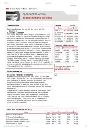 01/04/13                                                   Openbank

                                                                                                      Imprimir

             Boletín Diario de Bolsa ­  01/04/2013




     Claves para hoy                                                         Indices                 Ver más
                                                                                 Índice         Último     Dif
     Claves bursátiles del  jueves , 28  de  marzo  de  2013
     ­ ­ 28/03/2013                                                         IBEX 35            7.920,00 ­0,09
     CLAVES DE LA SESION                                                    DJ INDUSTR
                                                                                              14.544,00 ­0,24
     En la sesión del jueves, festiva en gran parte de España pero          AVERAGE
     con la bolsa abierta, los pocos inversores que seguirán en el          Nasdaq 100         2.802,90 ­0,56
     mercado estarán atentos a importantes referencias como el              S&P 500            1.561,90 ­0,46
     desempleo en Alemania, o el PIB del cuarto trimestre de 2012           NIKKEI 225        10.230,36    2,92
     en Estados Unidos. Asimismo, cobrarán de nuevo especial
     atención las noticias de Chipre, donde se espera la reapertura
                                                                             Soportes y Resistencias
     de los bancos tras casi dos semanas cerrados. A continuación,
     la agenda completa de la sesión: ­ Reino Unido: GFK confianza             Valor      Soporte Resistencia
     del consumidor de marzo (1:00 horas). ­ Chipre: reapertura de          Ibex35        7.900,40     8.332,50
     los bancos. ­ Alemania: tasa de paro de marzo (9:55 horas). ­          Telefonica        9,97        11,07
     Zona Euro: M3 de febrero (10:00 horas). ­ Estados Unidos:              Repsol          15,15         16,97
     peticiones semanales de desempleo y reclamos continuos,
                                                                            BBVA              6,76         7,45
     consumo personal del cuarto trimestre, índice de precios del
                                                                            Santander         5,23         5,68
     PIB, PCE principal y PIB del cuarto trimestre (13:30 horas).
                                                                            Endesa          16,38         17,38
     Índice manufacturero de Chicago de marzo (14:45 horas). En el
     terreno empresarial, las estadounidenses Accenture, GameStop
     y Mosaic publicarán sus resultados.                                     Siga toda la actualidad del
                                                                             mercado al instante 
                                                                                Últimas noticias
     Ultimo cierre EE.UU.

     CIERRE DE MERCADO AMERICANO
     Wall Street cerró con signo mixto (Dow Jones: ­0,23%; S&P
     500: ­0,06%; Nasdaq: +0,12%) y el S&P 500 se quedó otra vez
     a las puertas de su máximo histórico. No sabemos si el
     principal indicador mundial está consolidando niveles o
     dibujando un techo de mercado, pero lo cierto es que lleva
     varias semanas cotizando en los precios actuales, sin decidirse
     a superarlos.
     En este sentido, Steven Neimeth, gestor de SunAmerica Asset
     Management, comentaba a Bloomberg que “los inversores
     esperan una pausa debido a las dudas sobre el rescate de
     Chipre. Parece que están más preocupados por un contagio
     hacia Italia y España". Otro asunto que no ha ayudado al
     optimismo es la incapacidad de los políticos italianos para
     formar un Gobierno estable.




     Datos de la sesion (01­04­2013)
                                      Datos                  País      Período Estimación Anterior Hora
    PMI manufacturas Italia                                Italia      Marzo     ND            45,8       09:45
    PMI manufacturas España                                España Marzo          ND            46,8       09:15
    PMI manufacturero HSBC China                           China       Marzo     ND            50,4       04:30
    PMI manufacturero de NBS China                         China       Marzo     ND            ND         03:00
    Informe Tankan Japón                                   Japón       1T        ND            ND         00:50
openbank.webfg.com/boletin/boletin/boletin.php                                                                    1/2
 