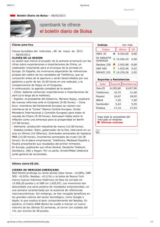 08/05/13 Openbank
openbank.webfg.com/boletin/boletin/boletin.php 1/2
Indices Ver más
Índice Último Dif
IBEX 35 8.544,00 0,00
DJ INDUSTR
AVERAGE
15.056,20 0,58
Nasdaq 100 2.952,88 ­0,08
S&P 500 1.625,96 0,52
NIKKEI 225 10.230,36 2,92
Imprimir
  Boletín Diario de Bolsa ­  08/05/2013
Claves para hoy
Claves bursátiles del  miércoles , 08  de  mayo  de  2013
­ ­ 08/05/2013
CLAVES DE LA SESION
La sesión que marca el ecuador de la semana arrancará con las
cifras sobre exportaciones e importaciones de China, un
catalizador importante para el arranque de la jornada en
Europa. En España, los inversores dispondrán de referencias
propias del calibre de los resultados de Telefónica, que se
conocerán antes de la apertura y serán desarrollados por sus
gestores a partir de las 16:00 horas en una webcast, y la
comparecencia de Rajoy en el Congreso. 
A continuación, la agenda completa de la sesión: 
­ China: balanza comercial, exportaciones e importaciones de
abril (a lo largo de la mañana). 
­ España: el presidente del Gobierno, Mariano Rajoy, explicará
las nuevas reformas ante el Congreso (9:00 horas). ­ Zona
Euro: miembros del Parlamento Europeo se reúnen con
miembros de la “troika” (Banco Central Europeo, Fondo
Monetario Internacional y Comisión Europea) para tratar el
rescate de Chipre (9:30 horas). Asmussen habla sobre la
inflación como una amenaza para la prosperidad en Berlín
(17:00 horas). 
­ Alemania: producción industrial de marzo (12:00 horas). 
­ Estados Unidos: Stein, gobernador de la Fed, interviene en un
acto en Illinois (14:30horas). Solicitudes semanales de hipoteca
MBA (13:00 horas). Inventarios semanales de crudo (16:30
horas). En el plano empresarial, Telefónica, Mediaset España y
Fluidra presentarán sus resultados del primer trimestre. 
En Europa, publicarán sus cifras Henkel, Deutsche Telekom,
Sainsbury, ING y Aegon. Por su parte, ArcelorMittal celebrará
junta general de accionistas.
Ultimo cierre EE.UU.
CIERRE DE MERCADO AMERICANO
Wall Street prolonga su racha alcista (Dow Jones: +0,58%; S&P
500: +0,52%; Nasdaq: +0,11%) y la bolsa de Nueva York
marca nuevos máximos históricos (el Dow ha cerrado en
15.056,20 puntos y el S&P en 1.625,97). Los inversores han
descontado una serie positiva de resultados empresariales, en
una semana caracterizada por la ausencia de referencias
macroeconómicas. Sin embargo, se han recogido beneficios en
los grandes valores del sector tecnológico, como Google o
Apple, lo que explica el peor comportamiento del Nasdaq. En
positivo, el Índice KBW Banks ha vuelto a marcar un nuevo
máximo de las últimas 52 semanas, al cerrar con subidas del
1%, por encima de 58 puntos.
Soportes y Resistencias
Valor Soporte Resistencia
Ibex35 8.205,80 8.657,90
Telefonica 10,74 11,40
Repsol 16,67 18,02
BBVA 7,20 7,50
Santander 5,43 5,55
Endesa 17,14 17,43
Siga toda la actualidad del
mercado al instante 
  Últimas noticias
 