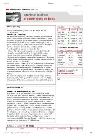 09/05/13 Openbank
openbank.webfg.com/boletin/boletin/boletin.php 1/2
Indices Ver más
Índice Último Dif
IBEX 35 8.598,40 0,02
DJ INDUSTR
AVERAGE
15.105,10 0,32
Nasdaq 100 2.968,24 0,52
S&P 500 1.632,69 0,41
NIKKEI 225 10.230,36 2,92
Imprimir
  Boletín Diario de Bolsa ­  09/05/2013
Claves para hoy
Claves bursátiles del  jueves , 09  de  mayo  de  2013
­ ­ 09/05/2013
CLAVES DE LA SESION
En la jornada del jueves, de nuevo los datos procedentes de
China condicionarán el comportamiento de la apertura de los
mercados europeos, que a media mañana conocerán además
el informe mensual del Banco Central Europeo (BCE). En el
plano empresarial, se confesarán ante el mercado miembros
del Ibex 35 como Repsol, OHL, Amadeus o Indra. 
A continuación, la agenda completa del día: 
­ China: IPC y precios al productor de abril (3:30 horas).
­ España: producción industrial de marzo (9:00 horas).
­ Zona Euro: informe mensual del BCE (10:00 horas).
­ Reino Unido: producción industrial y manufacturera de marzo
(10:30 horas). Decisión de tipos de interés y plan de compra de
activos del BoE (13:00 horas).
­ Estados Unidos: Lacker, de la Fed de Richmond, interviene en
un acto en Nueva York (14:00 horas). Peticiones iniciales de
desempleo y reclamos continuos semanales (14:30 horas).
Inventarios al por mayor de marzo (16:00 horas). Plosser, de
la Fed de Filadelfia, interviene en un acto en Nueva York (19:15
horas).
En el ámbito empresarial, Europac, Repsol, Grupo Catalana
Occidente, OHL, Indra y Amadeus publicarán sus resultados
trimestrales. En Europa, Assicurazioni Generali hará lo propio.
Ultimo cierre EE.UU.
CIERRE DE MERCADO AMERICANO
Wall Street cierra con ganancias moderadas (Dow Jones:
+0,32%; S&P 500: +0,41%; Nasdaq: +0,49%) después de una
apertura ligeramente bajista para la bolsa de Nueva York. Los
índices neoyorquinos se niegan a corregir y siguen marcando
nuevos máximos históricos jornada tras jornada. El Dow ha
cerrado en 15.105,12 puntos, mientras el S&P 500 ha marcado
al cierre los 1.632,69 puntos. Ambos índices acumulan una
ganancia anual superior al 14%. Recordamos que no se han
publicado datos macroeconómicos de relevancia, a la espera de
las cifras de paro semanal, que se conocerán mañana antes de
la apertura de los mercados. Muy interesante, el Índice KBW
Banks ha subido un 0,8%, hasta 58,75 puntos; y cotiza en
máximos desde 2008. Además, Google (+1,9%) ha marcado un
nuevo máximo histórico en 873,63 dólares.
Soportes y Resistencias
Valor Soporte Resistencia
Ibex35 8.211,37 8.524,30
Telefonica 10,78 11,39
Repsol 16,72 18,81
BBVA 7,30 7,91
Santander 5,43 5,90
Endesa 17,16 17,59
Siga toda la actualidad del
mercado al instante 
  Últimas noticias
Datos de la sesion (09­05­2013)
Datos País Período Estimación Anterior Hora
 