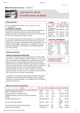 24/05/13 Openbank
openbank.webfg.com/boletin/boletin/boletin.php 1/2
Indices Ver más
Índice Último Dif
IBEX 35 8.303,70 ­0,48
DJ INDUSTR
AVERAGE
15.294,50 ­0,08
Nasdaq 100 2.991,45 ­0,26
S&P 500 1.650,51 ­0,29
NIKKEI 225 10.230,36 2,92
Imprimir
  Boletín Diario de Bolsa ­  24/05/2013
Claves para hoy
Claves bursátiles del  viernes , 24  de  mayo  de  2013
­ ­ 24/05/2013
CLAVES DE LA SESION
En la última sesión de la semana, los principales catalizadores
llegarán de Alemania, donde se conocerán importantes
referencias sobre la confianza de consumidores y empresarios.
El resto de la agenda será escaso en citas.
En el mundo empresarial, Grifols celebrará su junta general de
accionistas, mientras que Enel Green Power hará lo propio el
sábado. Por otro lado, el presidente de Banco Santander, Emilio
Botín, el de CaixaBank, Isidro Fainé, y el de BBVA, Francisco
González, declararán como testigos en la Audiencia Nacional
por el caso Bankia.
Ultimo cierre EE.UU.
CIERRE DE MERCADO AMERICANO
Los índices americanos han cerrado la sesión con leves caídas
(Dow Jones: ­0,08%; S&P 500: ­0,29%; Nasdaq: ­0,11%), tras
abrir con pérdidas más abultadas por la negativa reacción a las
palabras de ayer del presidente de la Reserva Federal (Fed),
Ben Bernanke. En concreto, Bernanke apuntó que la compra de
activos por parte del banco central “puede empezar a reducirse
dentro de pocas reuniones" si el mercado laboral continúa
mejorando, algo en lo que se mostró “confiado”, mientras las
Actas no dejaron tan claro como al mercado le hubiera gustado
que el QE se vaya a mantener a medio plazo. 
Las peticiones semanales de desempleo han salido mejores de
lo esperado, pues se ha situado en 340.000, esto es, 23.000
menos que la semana pasada, y por debajo de las 345.000 que
esperaba el mercado.
Soportes y Resistencias
Valor Soporte Resistencia
Ibex35 8.283,65 8.597,00
Telefonica 10,97 11,02
Repsol 17,12 18,50
BBVA 7,20 7,56
Santander 5,43 5,48
Endesa 17,19 18,08
Siga toda la actualidad del
mercado al instante 
  Últimas noticias
Datos de la sesion (24­05­2013)
Datos País Período Estimación Anterior Hora
Conferencia de Vítor Constâncio, vicepresidente del
BCE, en Bruselas Zona Euro
Zona
Euro
Mayo ND ND 14:00
Pedidos de bienes duraderos EE.UU. EE.UU. Abril 1,8% ­5,8% R 00:00
Pedidos de bienes duraderos excluidos transporte
EE.UU.
EE.UU. Abril 0,6% ­1,5% R 00:00
Confianza IFO Alemania Alemania Mayo ND ND 00:00
Precios producción España España Abril ND
­1,0%
(0,5%
y/y)
00:00
Confianza del consumidor GFK Alemania Alemania Junio ND 6,2 00:00
Exportaciones Alemania Alemania 1T ND ­2,0% 00:00
 