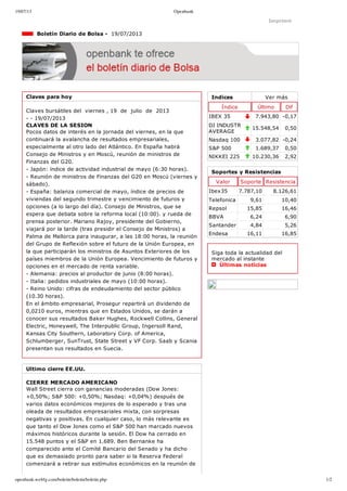 19/07/13 Openbank
openbank.webfg.com/boletin/boletin/boletin.php 1/2
Indices Ver más
Índice Último Dif
IBEX 35 7.943,80 ­0,17
DJ INDUSTR
AVERAGE
15.548,54 0,50
Nasdaq 100 3.077,82 ­0,24
S&P 500 1.689,37 0,50
NIKKEI 225 10.230,36 2,92
Imprimir
  Boletín Diario de Bolsa ­  19/07/2013
Claves para hoy
Claves bursátiles del  viernes , 19  de  julio  de  2013
­ ­ 19/07/2013
CLAVES DE LA SESION
Pocos datos de interés en la jornada del viernes, en la que
continuará la avalancha de resultados empresariales,
especialmente al otro lado del Atlántico. En España habrá
Consejo de Ministros y en Moscú, reunión de ministros de
Finanzas del G20.
­ Japón: índice de actividad industrial de mayo (6:30 horas).
­ Reunión de ministros de Finanzas del G20 en Moscú (viernes y
sábado).
­ España: balanza comercial de mayo, índice de precios de
viviendas del segundo trimestre y vencimiento de futuros y
opciones (a lo largo del día). Consejo de Ministros, que se
espera que debata sobre la reforma local (10:00). y rueda de
prensa posterior. Mariano Rajoy, presidente del Gobierno,
viajará por la tarde (tras presidir el Consejo de Ministros) a
Palma de Mallorca para inaugurar, a las 18:00 horas, la reunión
del Grupo de Reflexión sobre el futuro de la Unión Europea, en
la que participarán los ministros de Asuntos Exteriores de los
países miembros de la Unión Europea. Vencimiento de futuros y
opciones en el mercado de renta variable.
­ Alemania: precios al productor de junio (8:00 horas).
­ Italia: pedidos industriales de mayo (10:00 horas).
­ Reino Unido: cifras de endeudamiento del sector público
(10.30 horas).
En el ámbito empresarial, Prosegur repartirá un dividendo de
0,0210 euros, mientras que en Estados Unidos, se darán a
conocer sus resultados Baker Hughes, Rockwell Collins, General
Electric, Honeywell, The Interpublic Group, Ingersoll Rand,
Kansas City Southern, Laboratory Corp. of America,
Schlumberger, SunTrust, State Street y VF Corp. Saab y Scania
presentan sus resultados en Suecia. 
Ultimo cierre EE.UU.
CIERRE MERCADO AMERICANO
Wall Street cierra con ganancias moderadas (Dow Jones:
+0,50%; S&P 500: +0,50%; Nasdaq: +0,04%) después de
varios datos económicos mejores de lo esperado y tras una
oleada de resultados empresariales mixta, con sorpresas
negativas y positivas. En cualquier caso, lo más relevante es
que tanto el Dow Jones como el S&P 500 han marcado nuevos
máximos históricos durante la sesión. El Dow ha cerrado en
15.548 puntos y el S&P en 1.689. Ben Bernanke ha
comparecido ante el Comité Bancario del Senado y ha dicho
que es demasiado pronto para saber si la Reserva Federal
comenzará a retirar sus estímulos económicos en la reunión de
Soportes y Resistencias
Valor Soporte Resistencia
Ibex35 7.787,10 8.126,61
Telefonica 9,61 10,40
Repsol 15,85 16,46
BBVA 6,24 6,90
Santander 4,84 5,26
Endesa 16,11 16,85
Siga toda la actualidad del
mercado al instante 
  Últimas noticias
 