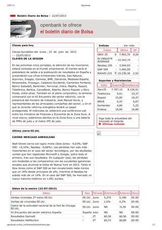 22/07/13 Openbank
openbank.webfg.com/boletin/boletin/boletin.php 1/2
Indices Ver más
Índice Último Dif
IBEX 35 7.963,70 0,26
DJ INDUSTR
AVERAGE
­ 15.543,74 ­
Nasdaq 100 ­ 3.044,93 ­
S&P 500 ­ 1.692,09 ­
NIKKEI 225 10.230,36 2,92
Imprimir
  Boletín Diario de Bolsa ­  22/07/2013
Claves para hoy
Claves bursátiles del  lunes , 22  de  julio  de  2013
­ ­ 22/07/2013
CLAVES DE LA SESION
En las próximas cinco jornadas, la atención de los inversores
estará centrada en el mundo empresarial. El martes será el
pistoletazo de salida a la publicación de resultados en España y
presentarán sus cifras trimestrales Vidrala, Gas Natural,
Acerinox, Enagás, Gamesa, BME, Iberdrola, Mediaset España,
Atresmedia, Prosegur, Catalana Occidente, Cementos Portland,
Banco Sabadell, Bankinter, Ferrovial, Indra, Mapfre, Repsol,
Telefónica, Bankia, CaixaBank, Abertis, Banco Popular y Ebro
Foods, entre otras. También en el plano corporativo, la semana
comenzará con el XI Encuentro del sector eléctrico, con la
presencia del ministro de Industria, José Manuel Soria, y
representantes de las principales compañías del sector, y en el
que la reciente reforma energética tendrá un papel
protagonista. El miércoles se celebrará una conference­call
entre los ministros de Finanzas y Economía de la Zona Euro. A
nivel macro, estaremos atentos en la Zona Euro a una batería
de PMIs de julio y al índice IFO de julio. 
Ultimo cierre EE.UU.
CIERRE MERCADO AMERICANO
Wall Street cierra con signo mixto (Dow Jones: ­0,03%; S&P
500: +0,16%; Nasdaq: ­0,66%). Las pérdidas han sido más
importantes en el caso del sector tecnológico, por las abultadas
ventas que han registrado Microsoft y Google, sobre todo el
primero, tras sus resultados. En cualquier caso, las pérdidas
son modestas si las comparamos con las suculentas ganancias
anuales que acumula la bolsa de Nueva York en 2013. Tanto el
Dow Jones como el S&P 500 se han revalorizado nada menos
que un 18% desde principios de año, mientras el Nasdaq ha
subido más de un 14%. En el caso del S&P 500, ha marcado un
nuevo máximo histórico en 1.691 puntos. 
Soportes y Resistencias
Valor Soporte Resistencia
Ibex35 7.787,10 8.126,91
Telefonica 9,61 10,37
Repsol 15,85 16,47
BBVA 6,24 6,87
Santander 4,84 5,25
Endesa 16,00 16,86
Siga toda la actualidad del
mercado al instante 
  Últimas noticias
Datos de la sesion (22­07­2013)
Datos País Período Estimación Anterior Hora
Ventas viviendas 2ª mano EE.UU. EE.UU. Junio 5,270 5,180 00:00
Ventas de viviendas EE.UU. EE.UU. Junio 1,6% 4,2% 00:00
Índice de la actividad nacional de la Fed de Chicago
EE.UU.
EE.UU. Junio ND ­0,30 00:00
XI Encuentro del sector eléctrico España España Julio ND ND 00:00
Resultados Gannett ­ 2T $0,58 $0,56 00:00
Resultados Halliburton ­ 2T $0,73 $0,80 00:00
 