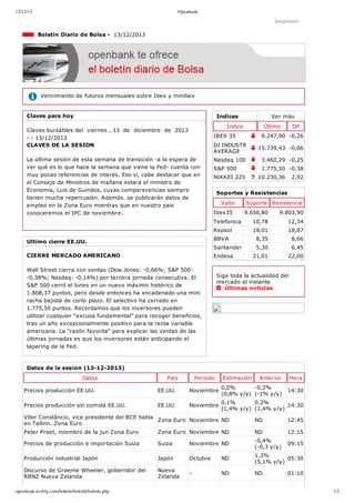 13/12/13

Openbank

Imprimir

  Boletín Diario de Bolsa ­  13/12/2013

  Vencimiento de futuros mensuales sobre Ibex y minibex

Claves para hoy

Indices

Ver más

Índice

Claves bursátiles del  viernes , 13  de  diciembre  de  2013
­ ­ 13/12/2013
CLAVES DE LA SESION

Último

IBEX 35

Dif

9.247,90 ­0,26

DJ INDUSTR
AVERAGE

La última sesión de esta semana de transición ­a la espera de
ver qué es lo que hace la semana que viene la Fed­ cuenta con
muy pocas referencias de interés. Eso sí, cabe destacar que en
el Consejo de Ministros de mañana estará el ministro de
Economía, Luis de Guindos, cuyas comparecencias siempre
tienen mucha repercusión. Además. se publicarán datos de
empleo en la Zona Euro mientras que en nuestro país
conoceremos el IPC de noviembre.

15.739,43 ­0,66

Nasdaq 100

3.460,29 ­0,25

S&P 500

1.775,50 ­0,38

NIKKEI 225

10.230,36

2,92

Soportes y Resistencias
Valor
Ibex35

Soporte Resistencia
9.656,80

9.803,90

Telefonica

10,78

12,34

Repsol

18,01

18,87

8,35

8,66

BBVA

Ultimo cierre EE.UU.

Santander

CIERRE MERCADO AMERICANO

Endesa

Wall Street cierra con ventas (Dow Jones: ­0,66%; S&P 500:
­0,38%; Nasdaq: ­0,14%) por tercera jornada consecutiva. El
S&P 500 cerró el lunes en un nuevo máximo histórico de
1.808,37 puntos, pero desde entonces ha encadenado una mini
racha bajista de corto plazo. El selectivo ha cerrado en
1.775,50 puntos. Recordamos que los inversores pueden
utilizar cualquier “excusa fundamental” para recoger beneficios,
tras un año excepcionalmente positivo para la renta variable
americana. La "razón favorita" para explicar las ventas de las
últimas jornadas es que los inversores están anticipando el
tapering de la Fed.

5,30

6,45

21,01

22,00

Siga toda la actualidad del
mercado al instante 
  Últimas noticias

Datos de la sesion (13­12­2013)
Datos

País

Período

Estimación

Anterior

Hora
14:30

Precios producción EE.UU.

EE.UU.

Noviembre

0,0%
­0,2%
(0,8% y/y) (­1% y/y)

Precios producción sin comida EE.UU.

EE.UU.

Noviembre

0,1%
0,2%
14:30
(1,4% y/y) (1,4% y/y)

Vítor Constâncio, vice presidente del BCE habla
Zona Euro Noviembre ND
en Tallinn. Zona Euro

ND

12:45

Peter Praet, miembro de la jun Zona Euro

Zona Euro Noviembre ND

ND

12:15

Precios de producción e importación Suiza

Suiza

Noviembre ND

­0,4%
(­0,3 y/y)

09:15

Producción industrial Japón

Japón

Octubre

ND

1,3%
05:30
(5,1% y/y)

Discurso de Graeme Wheeler, goberndor del
RBNZ Nueva Zelanda

Nueva
Zelanda

­

ND

ND

openbank.webfg.com/boletin/boletin/boletin.php

01:10
1/2

 