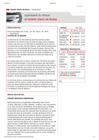 24/3/2014 Openbank
http://openbank.webfg.com/boletin/boletin/boletin.php 1/2
Indices Ver más
Índice Último Dif
IBEX 35 10.064,80 0,12
DJ INDUSTR
AVERAGE
16.302,77 ­0,17
Nasdaq 100 3.653,07 ­1,11
S&P 500 1.866,52 ­0,29
NIKKEI 225 10.230,36 2,92
Imprimir
  Boletín Diario de Bolsa ­  24/03/2014
Claves para hoy
Claves bursátiles del  lunes , 24  de  marzo  de  2014
­ ­ 24/03/2014
CLAVES DE LA SESION
La atención de los mercados la próxima semana estará
centrada en la cumbre entre la Unión Europea (UE) y Estados
Unidos, que hará que el miércoles el presidente de la primera
economía del mundo, Barack Obama, viaje hasta Bruselas para
reunirse con el presidente del Consejo Europeo, Herman Van
Rompuy, y con el presidente de la Comisión Europea (CE), José
Manuel Barroso. En este encuentro, sin duda no faltarán las
referencias a las posibles sanciones a Rusia derivadas de la
crisis con Ucrania. 
En nuestro país, por su parte, vuelven los “hombres de negro”
(Banco Central Europeo y Comisión Europea) que aterrizarán
para realizar la primera revisión del post­programa del rescate
a la banca española, que tendrá una duración de dos años. En
esta ocasión, los representantes de la Comisión y el BCE
mantendrán reuniones con la dirección de la Sareb, del Fondo
de Reestructuración Ordenada Bancaria (FROB), del Banco de
España y de las entidades rescatadas. 
En el frente macro, conoceremos en la Zona Euro los índices de
confianza IFO de marzo, el GfK de abril y el M3 de febrero.
Entre los datos estadounidenses, destacan el PIB del cuarto
trimestre, la confianza de la Universidad de Michigan de marzo
y el deflactor PCE de febrero. 
Ultimo cierre EE.UU.
CIERRE MERCADO AMERICANO
Wall Street cierra con pérdidas moderadas (Dow Jones:
­0,16%; S&P 500: ­0,29%; Nasdaq: ­0,98%), más importantes
en el caso del sector tecnológico. Recordamos que el Nasdaq
suele actuar como indicador adelantado del mercado; y el
movimiento técnico que ha realizado esta semana es una señal
de atención para el corto plazo. La bolsa de Nueva York ha
cotizado gran parte de la jornada en positivo, gracias al buen
comportamiento del sector bancario, aunque finalmente el
Índice KBW Banks ha cerrado con pérdidas del 0,2%, tras
marcar máximos del último año y desde el inicio de la crisis. De
igual manera, el S&P 500 ha marcado un nuevo máximo
intradía en 1.883 puntos, pero finalmente ha cerrado en 1.866.
Recordamos que hoy ha sido una sesión especial, ya que ha
tenido lugar la cuádruple hora bruja. La próxima semana puede
ser muy indicativa de lo que sucederá con la renta variable el
próximo trimestre.
Soportes y Resistencias
Valor Soporte Resistencia
Ibex35 9.812,00 10.037,80
Telefonica 10,87 11,30
Repsol 17,39 18,05
BBVA 8,61 9,06
Santander 6,22 6,55
Endesa 22,86 29,45
Siga toda la actualidad del
mercado al instante 
  Últimas noticias
 