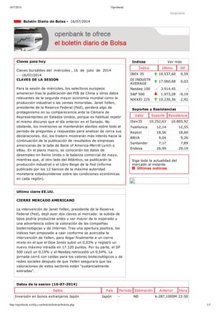 16/7/2014 Openbank
http://openbank.webfg.com/boletin/boletin/boletin.php 1/3
Indices Ver más
Índice Último Dif
IBEX 35 10.537,60 0,59
DJ INDUSTR
AVERAGE
17.060,68 0,03
Nasdaq 100 ­ 3.914,45 ­
S&P 500 1.973,28 ­0,19
NIKKEI 225 10.230,36 2,92
Imprimir
  Boletín Diario de Bolsa ­  16/07/2014
Claves para hoy
Claves bursátiles del  miércoles , 16  de  julio  de  2014
­ ­ 16/07/2014
CLAVES DE LA SESION
Para la sesión de miércoles, los selectivos europeos
amanecen tras la publicación del PIB de China y otros datos
relevantes de la segunda mayor economía mundial como la
producción industrial o las ventas minoristas. Janet Yellen,
presidente de la Reserva Federal (Fed), perderá algo de
protagonismo en su comparecencia ante la Cámara de
Representantes en Estados Unidos, porque es habitual repetir
el mismo discurso que el día anterior en el Senado. No
obstante, los inversores se mantendrán atentos sobre todo al
periodo de preguntas y respuestas para analizar de cerca sus
declaraciones. Así, los traders mostrarán más interés hacia la
continuación de la publicación de resultados de empresas
americanas de la talla de Bank of America­Merrill Lynch o
eBay. En el plano macro, se conocerán los datos de
desempleo en Reino Unido o la balanza comercial de mayo,
mientras que, al otro lado del Atlántico, se publicarán la
producción industrial o el Libro Beige de la Fed (informe
publicado por los 12 bancos de la máxima autoridad
monetaria estadounidense sobre las condiciones económicas
en cada región).
Ultimo cierre EE.UU.
CIERRE MERCADO AMERICANO
La intervención de Janet Yellen, presidente de la Reserva
Federal (Fed), dejó ayer dos claves al mercado: la subida de
tipos podría producirse antes y ser mayor de lo esperado y
una advertencia sobre la valoración de las compañías
biotecnológicas y de Internet. Tras una apertura positiva, los
índices han empezado a caer conforme se acercaba la
intervención de Yellen, para llegar finalmente a un cierre
mixto en el que el Dow Jones subió un 0,03% y registró un
nuevo máximo intradía en 17.120 puntos. Por su parte, el SP
500 cayó un 0,19% y el Nasdaq retrocedió un 0,54%. La
jornada cerró con caídas para los valores biotecnológicos y de
redes sociales después de que Yellen asegurara que las
valoraciones de estos sectores están “sustancialmente
estiradas”.
Soportes y Resistencias
Valor Soporte Resistencia
Ibex35 10.252,63 10.805,92
Telefonica 12,14 12,55
Repsol 18,56 18,60
BBVA 9,04 9,26
Santander 7,17 7,89
Endesa 26,99 29,19
Siga toda la actualidad del
mercado al instante 
  Últimas noticias
Datos de la sesion (16­07­2014)
Datos País Período Estimación Anterior Hora
Inversión en bonos extranjeros Japón Japón ­ ND ￥­287,1000M 23:50
 