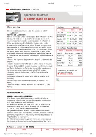 11/8/2014 Openbank
http://openbank.webfg.com/boletin/boletin/boletin.php 1/2
Indices Ver más
Índice Último Dif
IBEX 35 10.164,10 0,59
DJ INDUSTR
AVERAGE
16.553,93 1,13
Nasdaq 100 3.888,09 0,78
S&P 500 1.931,59 1,15
NIKKEI 225 10.230,36 2,92
Imprimir
  Boletín Diario de Bolsa ­  11/08/2014
Claves para hoy
Claves bursátiles del  lunes , 11  de  agosto  de  2014
­ ­ 11/08/2014
CLAVES DE LA SESION
Para la sesión del lunes, y a la espera de la inflación y el PIB
de la Zona Euro que se publicarán el jueves, la principal
referencia de los mercados serán los datos de inflación de
China que se conocerán el sábado. Escasas citas están
programados para la primera sesión de esta semana, pero
cabe destacar la confianza del consumidor en Japón, sobre
todo para ver si la última subida en el IVA comienza a dejar
de ser un lastre, o las subastas de bonos a 10 años de las
principales economías de la Zona Euro, Alemania y Francia.
A continuación, les ofrecemos las citas más importantes de la
sesión:
­ China: IPC y precios de producción de julio (3:30 horas del
sábado). 
­ Japón: masa monetaria M2 CD de julio e índice de industria
terciaria de junio (1:50 horas). Encuesta económica mensual
del Banco de Japón, confianza del consumidor y pedidos de
herramientas para maquinaria de julio (7:00 horas). 
­ Francia: subasta de bonos a 10 años (a lo largo de la
mañana). 
­ Alemania: subasta de bonos a 10 años (a lo largo de la
mañana). 
­ Reino Unido: indicadores adelantados de junio (11:00
horas). 
­ Estados Unidos: subasta de letras a 3 y 6 meses (17:30
horas).
Ultimo cierre EE.UU.
CIERRE MERCADO AMERICANO
Wall Street ha cerrado la semana en positivo gracias al
repunte de este viernes, con los últimos datos económicos,
Irak y Ucrania como telón de fondo.
En la semana, el S&P 500 sube un 0,3% y el Dow Jones y
Nasdaq un 0,40%, tras cerrar la sesión con avances del
1,15%, 1,13% y 0,83%, respectivamente.
La agenda económica de esta semana en Estados Unidos
contiene varias citas importantes, como los datos de ventas al
pormenor, la producción industrial y el índice de precios a la
importación y la exportación.
En el terreno empresarial, ya son menos las empresas que
tienen que rendir cuentas, entre las que destaca Wal­Mart.
Soportes y Resistencias
Valor Soporte Resistencia
Ibex35 10.078,60 10.249,52
Telefonica 11,59 11,97
Repsol 17,94 18,56
BBVA 8,64 9,00
Santander 6,56 7,59
Endesa 21,46 28,35
Siga toda la actualidad del
mercado al instante 
  Últimas noticias
Datos de la sesion (11­08­2014)
Datos País Período Estimación Anterior Hora
 