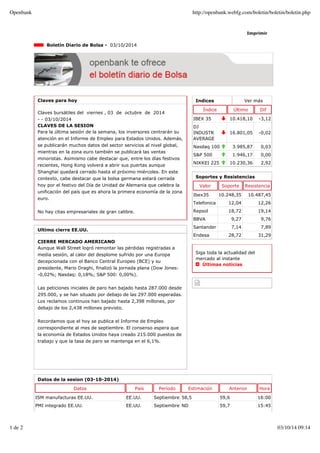 Openbank http://openbank.webfg.com/boletin/boletin/boletin.php 
Imprimir 
Indices Ver más 
Índice Último Dif 
IBEX 35 10.418,10 -3,12 
DJ 
INDUSTR 
16.801,05 -0,02 
AVERAGE 
Nasdaq 100 3.985,87 0,03 
S&P 500 1.946,17 0,00 
NIKKEI 225 10.230,36 2,92 
Boletín Diario de Bolsa - 03/10/2014 
Claves para hoy 
Claves bursátiles del viernes , 03 de octubre de 2014 
- - 03/10/2014 
CLAVES DE LA SESION 
Para la última sesión de la semana, los inversores centrarán su 
atención en el Informe de Empleo para Estados Unidos. Además, 
se publicarán muchos datos del sector servicios al nivel global, 
mientras en la zona euro también se publicará las ventas 
minoristas. Asimismo cabe destacar que, entre los días festivos 
recientes, Hong Kong volverá a abrir sus puertas aunque 
Shanghai quedará cerrado hasta el próximo miércoles. En este 
contexto, cabe destacar que la bolsa germana estará cerrada 
hoy por el festivo del Día de Unidad de Alemania que celebra la 
unificación del país que es ahora la primera economía de la zona 
euro. 
No hay citas empresariales de gran calibre. 
Ultimo cierre EE.UU. 
CIERRE MERCADO AMERICANO 
Aunque Wall Street logró remontar las pérdidas registradas a 
media sesión, al calor del desplome sufrido por una Europa 
decepcionada con el Banco Central Europeo (BCE) y su 
presidente, Mario Draghi, finalizó la jornada plana (Dow Jones: 
-0,02%; Nasdaq: 0,18%; S&P 500: 0,00%). 
Las peticiones iniciales de paro han bajado hasta 287.000 desde 
295.000, y se han situado por debajo de las 297.000 esperadas. 
Los reclamos continuos han bajado hasta 2,398 millones, por 
debajo de los 2,438 millones previsto. 
Recordamos que el hoy se publica el Informe de Empleo 
correspondiente al mes de septiembre. El consenso espera que 
la economía de Estados Unidos haya creado 215.000 puestos de 
trabajo y que la tasa de paro se mantenga en el 6,1%. 
Soportes y Resistencias 
Valor Soporte Resistencia 
Ibex35 10.248,35 10.487,45 
Telefonica 12,04 12,26 
Repsol 18,72 19,14 
BBVA 9,27 9,76 
Santander 7,14 7,89 
Endesa 28,72 31,29 
Siga toda la actualidad del 
mercado al instante 
Últimas noticias 
Datos de la sesion (03-10-2014) 
Datos País Período Estimación Anterior Hora 
ISM manufacturas EE.UU. EE.UU. Septiembre 58,5 59,6 16:00 
PMI integrado EE.UU. EE.UU. Septiembre ND 59,7 15:45 
1 de 2 03/10/14 09:14 
 