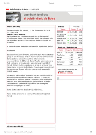 21/11/2014 Openbank 
Imprimir 
Indices Ver más 
Índice Último Dif 
IBEX 35 10.209,20 ­1,62 
DJ INDUSTR 
AVERAGE 17.719,00 0,19 
Nasdaq 100 4.242,09 0,46 
S&P 500 2.052,75 0,20 
NIKKEI 225 10.230,36 2,92 
Boletín Diario de Bolsa ­21/ 
11/2014 
Claves para hoy 
Claves bursátiles del viernes , 21 de noviembre de 2014 
­­21/ 
11/2014 
CLAVES DE LA SESION 
La jornada de hoy viernes comenzará con un discurso del 
presidente del Banco Central Europeo (BCE), Mario Draghi, que 
participará en la apertura del Congreso Bancario Europeo en 
Frankfurt. 
A continuación les detallamos las citas más importantes del día: 
ECONOMÍA 
Estados Unidos: John Williams, presidente de la Reserva Federal 
(Fed) de San Francisco, dará un discurso en una conferencia del 
Banco de Corea sobre el reequilibrio del crecimiento 
macroeconómico (2:30 horas). Daniel Tarullo, gobernador de la 
Fed, habla ante el Senado sobre las materias primas (15:30 
horas). William Dudley, presidente de la Fed de la Nueva York, 
hablará ante el Comité de Entidades Financieras y Protección del 
Consumidor del Senado sobre las mejoras en la supervisión 
(16:00 horas). 
Zona Euro: Mario Draghi, presidente del BCE, dará un discurso 
en el Congreso Bancario Europeo en Frankfurt (9:00 horas), 
Danièle Nouy, miembro del BCE y presidenta de la supervisión 
bancaria de la autoridad monetaria, participará en el debate 
‘Unión Bancaria y Reformas Regulatorias’ en el Congreso 
Bancario Europeo (11:15 horas). 
Italia: costes laborales de octubre (10:00 horas). 
Reino Unido: préstamos al sector público de octubre (10:30 
horas) 
Ultimo cierre EE.UU. 
Soportes y Resistencias 
Valor Soporte Resistencia 
Ibex35 10.078,60 10.437,96 
Telefonica 11,90 12,23 
Repsol 17,87 18,53 
BBVA 8,70 9,12 
Santander 6,63 7,14 
Endesa 13,67 14,35 
Siga toda la actualidad del 
mercado al instante 
Últimas noticias 
http://openbank.webfg.com/boletin/boletin/boletin.php 1/2 
 