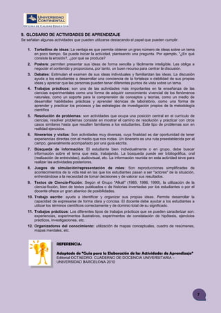7
9. GLOSARIO DE ACTIVIDADES DE APRENDIZAJE
Se señalan algunas actividades que pueden utilizarse destacando el papel que pueden cumplir:
1. Torbellino de ideas: La ventaja es que permite obtener un gran número de ideas sobre un tema
en poco tiempo. Se puede iniciar la actividad, planteando una pregunta. Por ejemplo, "¿En qué
consiste la erosión?, ¿por qué se produce?
2. Posters: permiten presentar sus ideas de forma sencilla y fácilmente inteligible. Les obliga a
negociar el contenido y proporciona, por tanto, un buen recurso para centrar la discusión.
3. Debates: Estimulan el examen de sus ideas individuales y familiarizan las ideas. La discusión
ayuda a los estudiantes a desarrollar una conciencia de la fortaleza o debilidad de sus propias
ideas y apreciar que las personas pueden tener diferentes puntos de vista sobre un tema.
4. Trabajos prácticos: son una de las actividades más importantes en la enseñanza de las
ciencias experimentales como una forma de adquirir conocimiento vivencial de los fenómenos
naturales, como un soporte para la comprensión de conceptos y teorías, como un medio de
desarrollar habilidades prácticas y aprender técnicas de laboratorio, como una forma de
aprender y practicar los procesos y las estrategias de investigación propios de la metodología
científica
5. Resolución de problemas: son actividades que ocupa una posición central en el currículo de
ciencias, resolver problemas consiste en mostrar el camino de resolución y practicar con otros
casos similares hasta que resulten familiares a los estudiantes. Este tipo de problemas son en
realidad ejercicios.
6. Itinerarios y visitas: Son actividades muy diversas, cuya finalidad es dar oportunidad de tener
experiencias directas con el medio que nos rodea. Un itinerario es una ruta preestablecida por el
campo, generalmente acompañado por una guía escrita.
7. Búsqueda de información: El estudiante bien individualmente o en grupo, debe buscar
información sobre el tema que esta, trabajando. La búsqueda puede ser bibliográfica, oral
(realización de entrevistas), audiovisual, etc. La información reunida en esta actividad sirve para
realizar las actividades posteriores.
8. Juegos de simulación/representación de roles: Son reproducciones simplificadas de
acontecimientos de la vida real en las que los estudiantes pasan a ser "actores" de la situación,
enfrentándose a la necesidad de tomar decisiones y de valorar sus resultados.
9. Textos de Ciencia-Ficción: Según el Grupo "Alkali" (1985, 1986, 1990), la utilización de la
ciencia-ficción, bien de textos publicados o de historias inventadas por los estudiantes o por el
docente ofrece un gran abanico de posibilidades.
10. Trabajo escrito: ayuda a identificar y organizar sus propias ideas. Permite desarrollar la
capacidad de expresarse de forma clara y concisa. El docente debe ayudar a los estudiantes a
utilizar los términos científicos correctamente y de dominio total de su significado.
11. Trabajos prácticos: Los diferentes tipos de trabajos prácticos que se pueden caracterizar son:
experiencias, experimentos ilustrativos, experimentos de constatación de hipótesis, ejercicios
prácticos, investigaciones, etc.
12. Organizadores del conocimiento: utilización de mapas conceptuales, cuadro de resúmenes,
mapas mentales, etc.
REFERENCIA:
Adaptado de “Guía para la Elaboración de las Actividades de Aprendizaje”
Editorial OCTAEDRO. CUADERNO DE DOCENCIA UNIVERSITARIA –
UNIVERSIDAD BARCELONA 2010
 