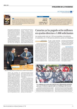 ABRIL 2021
BOLETÍN INFORMATIVO DE NUEVA CANARIAS Nº 16 15
EVOLUCIÓN DE LA PANDEMIA
AC T UA L I D A D
Viernes, 23 de abril de 2021
7
genosnegativo.Eslafórmulaque
se utilizó en la Semana Santa. Se
autoriza, asimismo, el uso de pis-
cinas cubiertas de titularidad
pública por motivos terapéuti-
cos, con limitación de aforos, en
Gran Canaria y Tenerife.
Pérez se congratuló, en nom-
bre del Ejecutivo, de que el grado
de aprovechamiento de las vacu-
nas contra la COVID-19 recibi-
das ronde el 93%, y resaltó que se
está “muy cerca” de lograr el
objetivo más inmediato de
inyectar 20.000 dosis al día. En
Canarias,incidió,hay“capacidad
operativa” para administrar
30.000 vacunas diarias. Son más
de medio millón las dosis inocu-
ladas en un proceso de vacuna-
ción que progresa “de forma des-
igual” entre grupos de población
y por islas, y, con datos del miér-
coles, el porcentaje de inmuniza-
ción de la población diana
alcanza el 7,29%. Sobre la vacuna
de AstraZeneca, Pérez dijo que
se está pendiente de lo que
determinen las autoridades en
cuanto a las personas a las que se
les ha administrado la primera
dosis. Al vicepresidente y conse-
jero de Hacienda, Presupuestos y
Asuntos Europeos, Román
Rodríguez, lo pincharon ayer,
tras haber sido citado por el Ser-
vicio Canario de la Salud dentro
del segmento correspondiente a
su edad. Rodríguez animó a la
ciudadanía a confiar en todas las
vacunas disponibles, con inde-
pendencia de su fabricante o
nombre comercial, puesto que
“han sido certificadas por enti-
dades científicas de primer nivel
y están demostrando una gran
eficacia para combatir la pande-
mia”
. Reiteró que solo con la
inmunidad de la población se
podrá superar.
A pesar del confinamiento
perimetral en Tenerife y Gran
Canaria, al Archipiélago puede
viajarcualquierpersonaquepre-
sente un control sanitario. En
esas islas, el interior de la hoste-
lería está cerrado y los locales
bajan la persiana a las 22.00 ho-
ras. En La Palma, La Gomera y El
Hierro se permite un máximo de
diez personas por mesa. El aforo
máximo en Fuerteventura, Lan-
zarote y La Graciosa será de seis
personas, y de cuatro dentro.
Canarias ya ha pagado ocho millones
en ayudas directas a 1.000 solicitantes
Las cuantías oscilan entre los 2.200 euros aportados a los autónomos
sin asalariados y los 12.400 para los autónomos y pymes con trabajadores
DIARIO DE AVISOS
Santa Cruz deTenerife
El Gobierno de Canarias ha
abonado ocho millones de euros
de las ayudas directas a unos
1.000 autónomos y pequeñas y
medianas empresas de las
18.000 solicitudes que se han
presentado a la convocatoria del
Ejecutivo regional, cuyo plazo
finalizó ayer. Julio Pérez detalló
ayer que las cuantías oscilan
entre los 2.200 euros que han
recibido los autónomos sin asa-
lariados y los 12.400 de los autó-
nomos y pymes con trabajado-
res. El portavoz comentó que,
aunque la justificación docu-
mental era complicada, el hecho
de que se hayan presentado
18.000 demandas demuestra
que la gestión ha sido correcta.
En lo que respecta al fondo
nacional de 1.144 millones, el
consejero confirmó que aún no
se ha firmado el convenio, por lo
que no se ha establecido el pro-
cedimiento para la concesión de
las subvenciones. Pérez recono-
ció que no siempre es posible la
simplificación aplicada en la ini-
ciativa canaria. Durante su com-
parecencia en el Congreso, la
ministra de Hacienda, María
Jesús Montero, informó de que
las comunidades autónomas
suman 162.000 millones en
recursos para 2021, la mayor
cifra de su historia, tras añadir a
lo previsto en los presupuestos
las ayudas directas a las empre-
sas por un importe global de
7.000millonesylos10.793millo-
nes de los recursos de la UE.
BONO RESIDENTE
Enunodelosacuerdosadop-
tados en la sesión de este jueves,
elConsejodeGobierno autorizó
el reparto de 10 millones de
euros del Bono Residente Cana-
rio para líneas regulares de gua-
guasytranvía,apeticióndel titu-
lar de Obras Públicas, Transpor-
tes y Vivienda, Sebastián Fran-
quis. Esta anualidad se distri-
buirá, posteriormente, a través
deloscabildos,alasempresasde
líneas regulares cada isla.
Agustín
Padrón,
a juicio por el
censo de 2011
El exalcalde de Valverde y exdiputado autonómico por el
PP, Agustín Padrón, será juzgado en la Audiencia Provincial
de Santa Cruz de Tenerife por supuestamente manipular el
censo mediante empadronamientos masivos e irregulares en
vísperas de las elecciones de 2011, en las que revalidó man-
dato. La Fiscalía pide nueve años de inhabilitación
EL HIERRO
El Consejo de Gobierno tomó ayer en consideración el
anteproyecto de ley de modificación de la ley de los juegos y
apuestas, que entre otras novedades incluye el aumento de la
distancia entre los salones y los centros docentes, y se prohíbe
a RTVC emitir publicidad que promueva el juego, tanto tele-
mático como presencial
ÁNGEL VÍCTOR TORRES BROMEA CON JULIO PÉREZ ANTES DE LA REUNIÓN DE AYER DEL CONSEJO. DA
Los sindicatos de la mesa del comercio de la alimentación presionan
para que el Gobierno regional medie en el desbloqueo del convenio
Los sindicatos con representación en la comisión
negociadora del convenio del Comercio de la Alimen-
tación de Santa Cruz de Tenerife, UGT, SB y CC.OO.,
redoblan las movilizaciones para desbloquear un pro-
ceso que afecta a más de 10.000 trabajadores. Ayer se
concentraron ante la sede de la presidencia autonó-
mica,talycomoseapreciaenlafotodeSergioMéndez,
a fin de reclamar su intervención para resolver el con-
flicto. La mesa no se reúne desde marzo de 2019. El
pasado12 de abril enviaron un burofax a la patronal
 