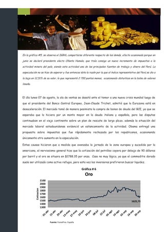 En la gráfica #5, se observa el IGBVL comportarse diferente respecto de los demás, efecto ocasionado porque en

junio se declaró presidente electo Ollanta Humala, que traía consigo un nuevo incremento de impuestos a la

actividad minera del país, siendo esta actividad una de las principales fuentes de trabajo y dinero del Perú. La

especulación no se hizo de esperar y fue entonces ésta la razón por la que el índice representativo del Perú se dio a

la baja en 12,51% de su valor, lo que representó 2 700 puntos menos, ocasionando disturbios en la bolsa de valores

limeña.




El día lunes 07 de agosto, la ola de ventas se desató ante el temor a una nueva crisis mundial luego de

que el presidente del Banco Central Europeo, Jean-Claude Trichet, admitió que la Eurozona está en

desaceleración. El mercado tomó de manera pesimista la compra de bonos de deuda del BCE, ya que se

esperaba que lo hiciera por un monto mayor en la deuda italiana y española, pero las disputas

continuaban en el viejo continente sobre un plan de rescate de largo plazo, además la situación del

mercado laboral estadounidense evidenció un estancamiento de la actividad. Obama entregó una

propuesta sobre impuestos que fue rápidamente rechazada por los republicanos, ocasionando

únicamente otro aumento en la especulación.

Estas causas hicieron que a medida que avanzaba la jornada de la zona europea y sucedida por la

americana, el nerviosismo general hizo que la cotización del petróleo cayera por debajo de 90 dólares

por barril y el oro se situara en $1788.35 por onza. Caso no muy lógico, ya que el commoditie dorado

suele ser utilizado como activo refugio, pero esta vez los inversores prefirieron buscar liquidez.
 