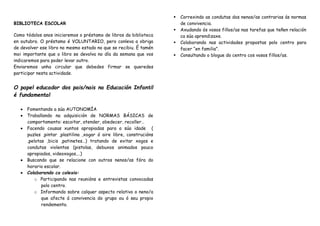 BIBLIOTECA ESCOLAR
Como tódolos anos iniciaremos o préstamo de libros da biblioteca
en outubro. O préstamo é VOLUNTARIO, pero conleva a obriga
de devolver ese libro no mesmo estado no que se recibiu. É tamén
moi importante que o libro se devolva no día da semana que vos
indicaremos para poder levar outro.
Enviaremos unha circular que debedes firmar se queredes
participar nesta actividade.
O papel educador dos pais/nais na Educación Infantil
é fundamental
 Fomentando a súa AUTONOMÍA
 Traballando na adquisición de NORMAS BÁSICAS de
comportamento: escoitar, atender, obedecer, recoller…
 Facendo cousas xuntos apropiadas para a súa idade (
puzles ,pintar ,plastilina ,xogar ó aire libre, construcións
,pelotas ,bicis ,patinetes…) tratando de evitar xogos e
condutas violentas (pistolas, debuxos animados pouco
apropiados, videoxogos,…)
 Buscando que se relacione con outros nenos/as fóra do
horario escolar.
 Colaborando co colexio:
o Participando nas reunións e entrevistas convocadas
polo centro.
o Informando sobre calquer aspecto relativo o neno/a
que afecte á convivencia do grupo ou ó seu propio
rendemento.
 Correxindo as condutas dos nenos/as contrarias ás normas
de convivencia.
 Axudando ós vosos fillos/as nas tarefas que teñen relación
ca súa aprendizaxe.
 Colaborando nas actividades propostas polo centro para
facer “en familia”.
 Consultando o blogue do centro cos vosos fillos/as.
 