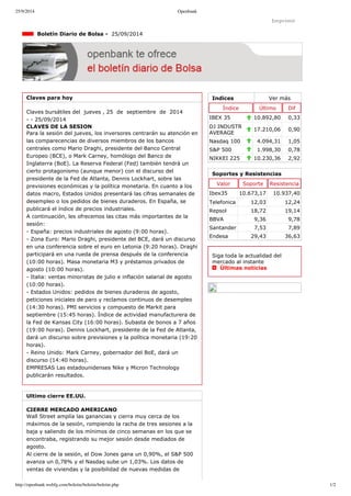 25/9/2014 Openbank 
Imprimir 
Indices Ver más 
Índice Último Dif 
IBEX 35 10.892,80 0,33 
DJ INDUSTR 
AVERAGE 17.210,06 0,90 
Nasdaq 100 4.094,31 1,05 
S&P 500 1.998,30 0,78 
NIKKEI 225 10.230,36 2,92 
Boletín Diario de Bolsa ­25/ 
09/2014 
Claves para hoy 
Claves bursátiles del jueves , 25 de septiembre de 2014 
­­25/ 
09/2014 
CLAVES DE LA SESION 
Para la sesión del jueves, los inversores centrarán su atención en 
las comparecencias de diversos miembros de los bancos 
centrales como Mario Draghi, presidente del Banco Central 
Europeo (BCE), o Mark Carney, homólogo del Banco de 
Inglaterra (BoE). La Reserva Federal (Fed) también tendrá un 
cierto protagonismo (aunque menor) con el discurso del 
presidente de la Fed de Atlanta, Dennis Lockhart, sobre las 
previsiones económicas y la política monetaria. En cuanto a los 
datos macro, Estados Unidos presentará las cifras semanales de 
desempleo o los pedidos de bienes duraderos. En España, se 
publicará el índice de precios industriales. 
A continuación, les ofrecemos las citas más importantes de la 
sesión: 
­España: 
precios industriales de agosto (9:00 horas). 
­Zona 
Euro: Mario Draghi, presidente del BCE, dará un discurso 
en una conferencia sobre el euro en Letonia (9:20 horas). Draghi 
participará en una rueda de prensa después de la conferencia 
(10:00 horas). Masa monetaria M3 y préstamos privados de 
agosto (10:00 horas). 
­Italia: 
ventas minoristas de julio e inflación salarial de agosto 
(10:00 horas). 
­Estados 
Unidos: pedidos de bienes duraderos de agosto, 
peticiones iniciales de paro y reclamos continuos de desempleo 
(14:30 horas). PMI servicios y compuesto de Markit para 
septiembre (15:45 horas). Índice de actividad manufacturera de 
la Fed de Kansas City (16:00 horas). Subasta de bonos a 7 años 
(19:00 horas). Dennis Lockhart, presidente de la Fed de Atlanta, 
dará un discurso sobre previsiones y la política monetaria (19:20 
horas). 
­Reino 
Unido: Mark Carney, gobernador del BoE, dará un 
discurso (14:40 horas). 
EMPRESAS Las estadounidenses Nike y Micron Technology 
publicarán resultados. 
Ultimo cierre EE.UU. 
CIERRE MERCADO AMERICANO 
Wall Street amplía las ganancias y cierra muy cerca de los 
máximos de la sesión, rompiendo la racha de tres sesiones a la 
baja y saliendo de los mínimos de cinco semanas en los que se 
encontraba, registrando su mejor sesión desde mediados de 
agosto. 
Al cierre de la sesión, el Dow Jones gana un 0,90%, el S&P 500 
avanza un 0,78% y el Nasdaq sube un 1,03%. Los datos de 
ventas de viviendas y la posibilidad de nuevas medidas de 
Soportes y Resistencias 
Valor Soporte Resistencia 
Ibex35 10.673,17 10.937,40 
Telefonica 12,03 12,24 
Repsol 18,72 19,14 
BBVA 9,36 9,78 
Santander 7,53 7,89 
Endesa 29,43 36,63 
Siga toda la actualidad del 
mercado al instante 
Últimas noticias 
http://openbank.webfg.com/boletin/boletin/boletin.php 1/2 
 