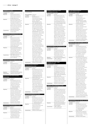 boletín de ofertas de emprego / 4
Interiorista 26-12-2014
Oferta publicada en:	 Infojobs.net
Localidade: 	 A Coruña
Descrición:	 Solicítase interiorista para o
desenvolvemento de proxectos
de locais comerciais. Nivel alto
de inglés falado e escrito.
Requisitos:	 Formación Profesional Grado
Medio Imprescindible presentación
previa de portfolio que defina as
capacidades do candidato, así como
carné de conducir e coche propio.
Requírese experiencia mínima de 3
anos nun posto similar. Valorarase
en uso do paquete Adobe e
coñecemento de software 3D.
Características:	 de duración determinada,
xornada completa
Teleoperador/a 25h/semanales 26-12-2014
Oferta publicada en:	 Infojobs.net
Localidade: 	 Vigo
Descrición:	 Buscamos persoas con boas
habilidades de comunicación
oral, capacidade de persuasión
e bo manexo de ferramentas
informáticas para traballar nunha
multinacional de telecomunicacións
situada en Vigo, no área de
telemárketing (vendas).
Requisitos:	 Educación Secundaria Obrigatoria
-Dispoñibilidade horaria de 9 a 22h
de luns a domingo. -Capacidade
de persuasión -Manexo de
ferramentas informáticas -Boas
habilidades de comunicación oral
Características:	 600€ - 900€ bruto/mes de
duración determinada, xornada
parcial - indiferente
Supervisor/a equipo de vendas 26-12-2014
Oferta publicada en:	 Infojobs.net
Localidade: 	 Ferrol
Descrición:	 Necesítase persoal, con
experiencia en xestión de equipos
de telemarketing en campañas de
telecomunicacións e/ou seguros.
Flexibilidade para desprazarse
para dar apoio presencial a
responsables de equipos
Requisitos:	 Formación Profesional Grado Medio
Características:	 indefinido, xornada completa
Bases de Datos DB2 ADMINISTRADORES/
AS!! 26-12-2014
Oferta publicada en:	 Infojobs.net
Localidade: 	 A Coruña
Descrición:	 Na actualidade buscamos, para
ocupar posto estable e participar
en importante proxecto en
colaboración con empresa TIC
situada na Coruña, un perfil
de: - ADMINISTRADOR/A DE
BASES DE DATOS DB2.
Requisitos:	 Ciclo Formativo Superior –
Informática - Experiencia laboral
demostrable realizando tarefas
de administración de bases de
datos DB2. - Valorable experiencia
traballando con outras bases de
datos, como Sql Server e Oracle.
- Dispoñibilidade para realizar
intervencións (esporádicas)
fose de horario. Gardas
previstas (1 cada 7 semanas).
Características:	 indefinido, xornada completa
DOCENTES NO ÁREA DE NUTRICIÓN 26-12-2014
Oferta publicada en:	 Infojobs.net
Localidade: 	 Betanzos
Descrición:	 Buscamos docentes no área de
Nutrición para impartir formación
en Galicia e Castilla e León.
Requisitos:	 - Grado en Nutrición ou Ciencia
e Tecnoloxía dos Alimentos
- Dispoñibilidade para viaxar
por Galicia e Castela e León -
Experiencia como docente
Características:	 outros contratos,
xornada indiferente Java J2EE!!! APs
e ANALISTAS 26-12-2014
Oferta publicada en:	 Infojobs.net
Localidade: 	 A Coruña
Descrición:	 MULTINACIONAL TIC,
seleccionamos para confirmar
equipo de traballo na CORUÑA,
perfís de: - ANALISTAS
PROGRAMADORES/as JAVA
J2EE. - ANALISTAS JAVA J2EE.
Requisitos:	 Formación Profesional Grado
Superior - Experiencia laboral
demostrable realizando tarefas
de programación e/ou análises
Java J2EE, traballando con Spring
, Hibernate,... POSTO ANALISTA
PROGRAMADOR/A: ·Máis de 4 anos
de experiencia en: - Análise, deseño
e xeración de documentación
para cliente (peticións, recepción
de incidencias, interacción
con operacións e sistemas) -
Interlocución con cliente - Testing,
plan de probas - Modelado de
base de datos - SQL avanzado:
optimización de sentenzas -
Creación de aplicacións desde
cero - Coñecemento de patróns de
deseño - Servidores de aplicacións
Java EE: preferentemente
Websphere opcional Weblogic,
JBoss, Glassfish - Monitorización
e perfilado de aplicacións sobre
JVM. En especial diagnóstico
de memory leaks - Integración
de aplicacións e sistemas
distribuídos ·Ferramentas ou
frameworks de desenvolvemento
usados: - Hibernate - SQL - Spring
- SWT - Web Services - Maven ou
similar - Subversion - Eclipse
Características:	 indefinido, xornada completa
Perfís WEB. MAQUETADORES/as e
DISEÑADORES/as 26-12-2014
Oferta publicada en:	 Infojobs.net
Localidade: 	 A Coruña
Descrición:	 Na actualidade buscamos, para
ocupar posto estable e participar
en importantes proxectos en
colaboración con empresa TIC
situada na Coruña, un perfil de:
- DISEÑADOR/A WEB SENIOR. -
MAQUETADOR/A HTML e CSS.
Requisitos:	 Ciclo Formativo Superior
DISEÑADOR/A WEB: - Deseñador
web senior con máis de 3 anos
demostrables de experiencia.
- Experiencia traballando con
HTML5 e CSS3. - Experiencia en
proxectos web para dispositivos
móbiles MAQUETADOR/A WEB:
- Experiencia realizando tarefas
de maquinación con HTML e
CSS. - Incorporación inmediata.
Características:	 xornada completa
PHP!!! PROGRAMADORES/as 26-12-2014
Oferta publicada en:	 Infojobs.net
Localidade: 	 A Coruña
Descrición:	 Na actualidade buscamos, para
participar en importante proxecto
en colaboración con multinacional
TIC situada na Coruña, un perfil
de: - PROGRAMADOR/A PHP.
Requisitos:	 Ciclo Formativo Superior -
Experiencia laboral demostrable
realizando programación
PHP. - Persoa proactiva,
dinámica e resolutiva.
Características:	 indefinido, xornada completa
Experiencia J2EE e/ou .NET. XEFES/
as de PROXECTO 26-12-2014
Oferta publicada en:	 Infojobs.net
Localidade: 	 A Coruña
Descrición:	 Na actualidade buscamos, para
ocupar posto estable e participar
en importante proxecto en
colaboración con multinacional
TIC situada na Coruña, perfís de: -
XEFE/A DE PROXECTOS JAVA e/ou
.NET. - XEFE/a de PROXECTO J2EE.
Requisitos:	 Enxeñeiro Técnico - Perfil
con amplos coñecementos
financeiros, con formación técnica
(preferiblemente informático).
Imprescindible experiencia previa
en polo menos un dos seguintes
ámbitos: - Implantación de ERPs
(módulos financeiros dos mesmos)
- Desenvolvementos con .NET: C#,
ADO.NET, Entity Framewrok, WFP,
WCF, Servizos Web, SQL Server,
MySQL, Oracle - Desenvolvementos
con Java : ou Hibernate ou SQL ou
Spring ou SWT ou Web Services
ou Maven ou similar ou Subversion
ou Eclipse ou Web ou JQuery /
Backbone ou HTML ou XML
Repartidor comercial con coche 26-12-2014
Oferta publicada en:	 Infojobs.net
Localidade: 	 Culleredo
Descrición:	 Buscamos persoas dinámicas
e con ganas de traballar . Que
lles guste falar coa xente, con
ganas de atopar un posto de
traballo estable: (cómodo ,sinxelo
e con carteira de clientes)
Requisitos:	 Educación Secundaria Obrigatoria
Características:	 1.200€ - 2.100€ bruto/
mes xornada completa
Experiencia SQL, LINUX... Todos
os perfís!! 26-12-2014
Oferta publicada en:	 Infojobs.net
Localidade: 	 A Coruña
Descrición:	 Na actualidade buscamos, para
participar en importante proxecto
en colaboración con multinacional
TIC situada na Coruña, perfís de: -
XEFE DE PROXECTO, ANALISTA ó
ARQUITECTO/a. Experiencia SQL. -
PERFIL SENIOR CON EXPERIENCIA
EN SQL, JAVA, LINUX,...
Requisitos:	 Enxeñeiro Técnico - Perfil senior
de Analista, Arquitecto, Xefe de
Proxecto con experiencia sólida
traballando con SQL. - Moi valorable
experiencia con Java e Linux. E4
Características:	 indefinido, xornada completa
COMERCIAL VISITA CONCERTADA 26-12-2014
Oferta publicada en:	 Infojobs.net
Localidade: 	 Culleredo
Descrición:	 Grupo Universa, líder do sector do
descanso e a saúde. Especializado
na investigación, desenvolvemento
e creación de produtos destinados
ao benestar persoal, cunha
forte implantación no mercado
europeo e con futura implantación
americana e asiática, decidiu, pola
súa exitosa traxectoria comercial,
inaugurar novas sedes para a que
se crearán 500 novas vacantes.
Requisitos:	 Educación Secundaria Obrigatoria
DON DE XENTES BOA PRESENZA.
VEHÍCULO PROPIO.
Características:	 1.800€ - 3.600€ bruto/
mes xornada completa
JAVA J2EE. PROGRAMADORES/as
Junior e Senior 26-12-2014
Oferta publicada en:	 Infojobs.net
Localidade: 	 A Coruña
Descrición:	 MULTINACIONAL TIC,
seleccionamos para
confirmar equipo de traballo
na CORUÑA, perfís de: -
PROGRAMADORES/as JUNIOR
JAVA J2EE. - PROGRAMADORES/
as SENIOR JAVA J2EE.
Requisitos:	 Formación Profesional Grado
Superior – Informática -
Experiencia laboral demostrable
realizando tarefas de
desenvolvemento en contorna Java
e/ou J2EE. Válidos tamén perfís
con Titulación Universitaria en
Informática (Técnica ou Superior)
co Proxecto de Fin de Carreira
realizado con linguaxe Java e/ou
J2EE. - Persoa motivada, dinámica
e resolutiva, con capacidade de
comunicación e traballo en equipo.
Características:	 indefinido, xornada completa
BUSINESSINTELLIGENT!!Todososperfís.26-12-2014
Oferta publicada en:	 Infojobs.net
Localidade: 	 A Coruña
Descrición:	 Na actualidade buscamos, para
ocupar posto estable e participar
en importantes proxectos en
colaboración con multinacional
TIC situada na Coruña, perfís de:
- Consultor/a Senior BUSINESS
INTELLIGENCE. - Arquitecto
BI. - Consultor Microsoft
BI. - Xefe de Proxecto BI.
Requisitos:	 Valoramos perfís con experiencia
en: -Microsoft (Reporting Services
- Analysis Services - Integration
Services) -Powercenter -Business
Objects. 1 Arquitecto BI: Microsoft
RS, Microsoft Tabulares, ETL
(sobre todo PowerCenter) e
desexable MicroStrategy e
outras tecnoloxías BI. 1 Consultor
Microsoft BI: experiencia
demostrable en Microsoft SSRS
(SQL Server Reporting Services),
coñecementos en Microsoft
SSAS (modelo Multidimensional
e Tabular Model) e desexable
ETLs (sobre todo Informatica
PowerCenter), e desenvolvemento
de procedementos almacenados
de BB.DD. 1 Consultor Sr. BI:
coñecementos e experiencia
demostrable en contornas
Business Intelligence e Data
WareHouse, preferiblemente no
ámbito financeiro. Experiencia
no modelado e o Reporting coas
ferramentas BI máis estendidas
no mercado, especialmente
con algunha das versións
de MicroStrategy . Amplos
coñecementos en SQL. 1. Xefe de
Proxecto : Experiencia polo menos
5 anos, exp. en xestión proxectos BI.
Características:	 indefinido, xornada completa
Programadores/as.LINUX,JAVAeSQL.26-12-2014
Oferta publicada en:	 Infojobs.net
Localidade: 	 A Coruña
Descrición:	 Na actualidade buscamos, para
participar en importante proxecto
en colaboración con multinacional
TIC situada na Coruña, perfís
de: - PROGRAMADOR/A
LINUX, JAVA E SQL.
Requisitos:	 Enxeñeiro Técnico - Experiencia
laboral demostrable traballando
en desenvolvemento . - Experiencia
con Java , Linux, SQL.
Características:	 indefinido, xornada completa
 